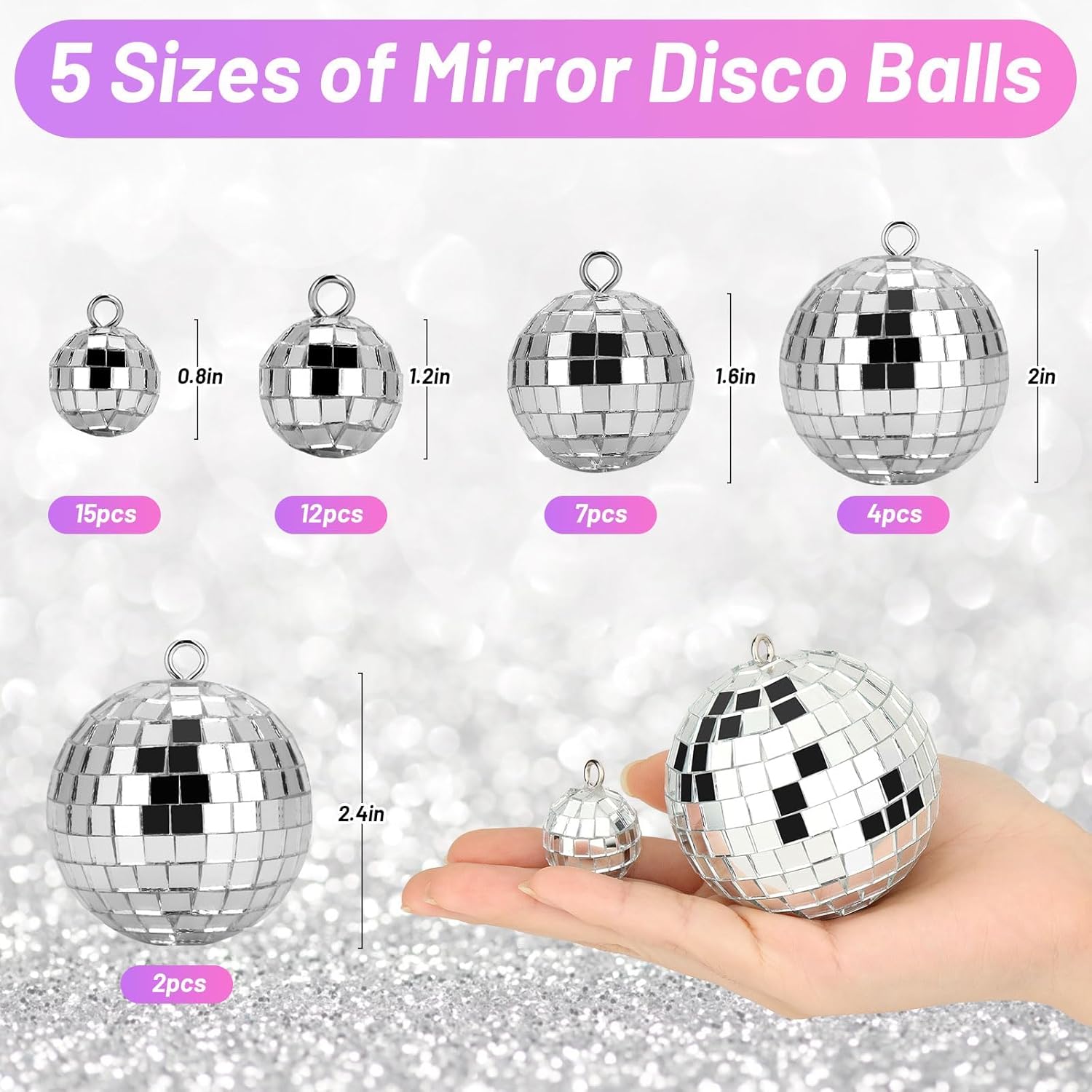 Jupwalz 40 Pcs Disco Balls with Rope, 5 Sizes Mini Disco Ball Decor Ornaments, Small MirrorBall Different Sizes Silver Decorations for Halloween DIY Christmas Tree Topper Music Prom Party Wedding
