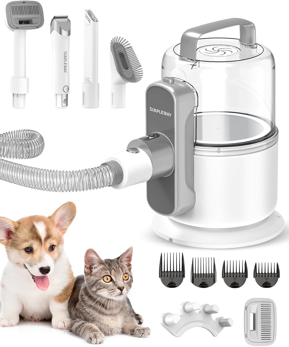 Dog Vacuum Grooming Kit for Shedding: Professional Hair Clippers Pet Groomer - Strong Suction Cleaner Deshedding Tool Fur Brush Attachment Trimmer for Home Cat (Deep White)