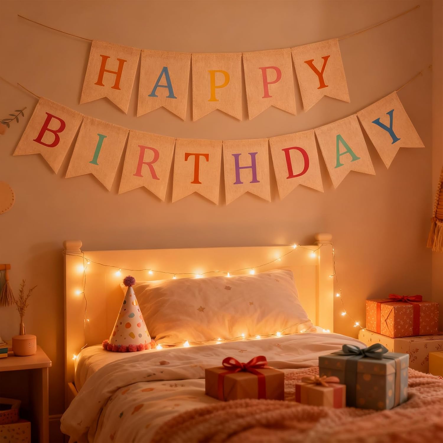 Happy Birthday Burlap Banner Boho Theme Garland White Bunting Bohemian Hanging Flag Rustic Rainbow Colored Birthday Photo Backdrop