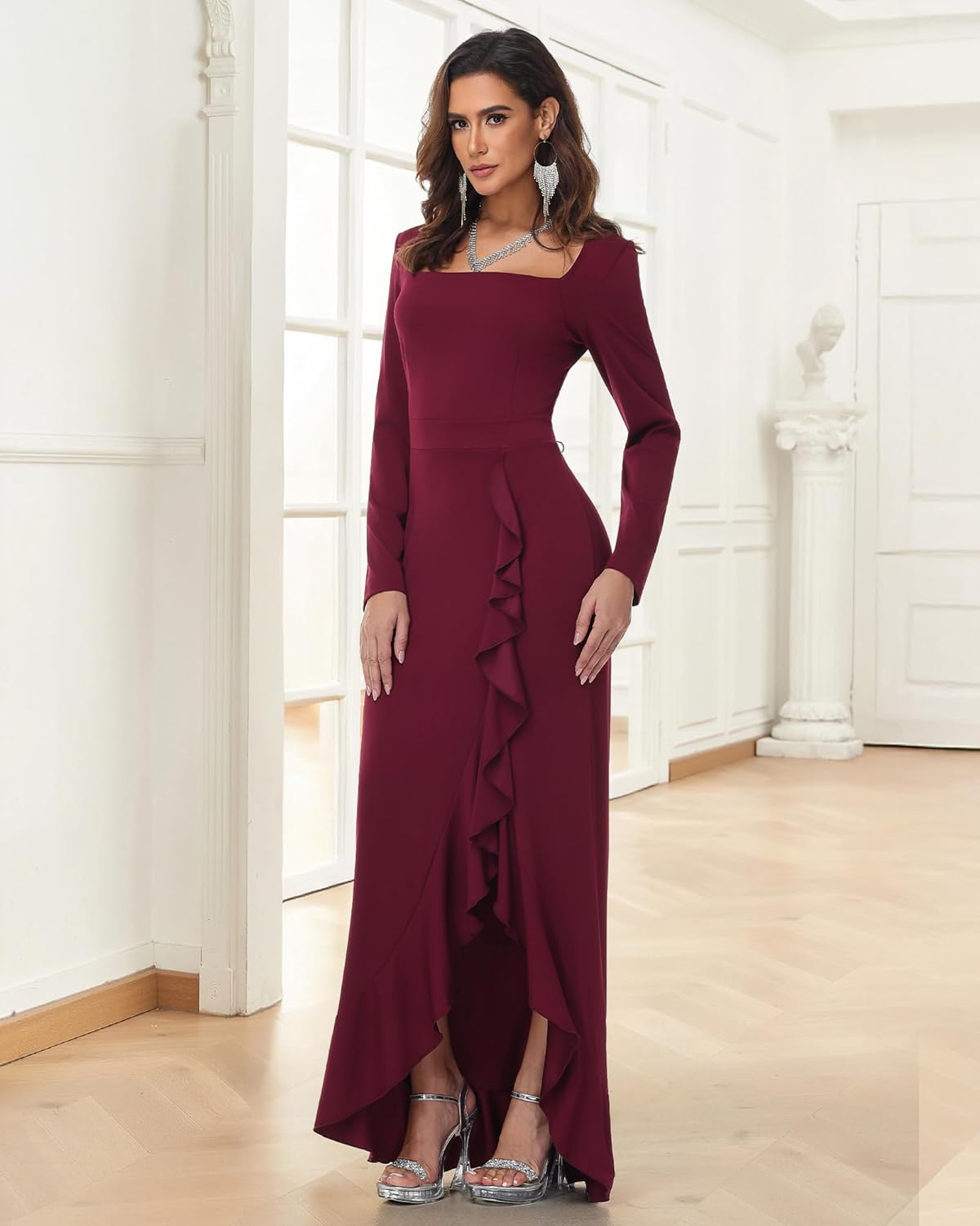 Womens Maxi Dress Long Sleeve Square Neck Bodycon Dress Fall Ruffle Hem Mermaid Cocktail Wedding Guest Long Dress - Image 3