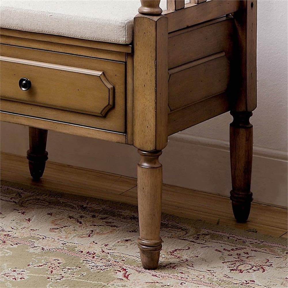 BOWERY HILL Transitional Wood Storage Bench, Natural Tone Finish, 60" W x 19" D x 30" H, Upholstered Seat with Foam Cushioning, Slatted Backrest, 3-Drawer Storage, Living Room or Entryway Furniture