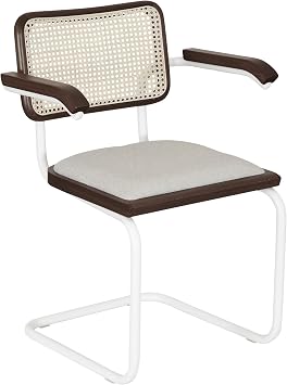 Breuer Chair Company B32/S32 Cesca Cushion Seat & Cane Back Cantilever Armchair Arm Chair w/White Frame Walnut Wood & Natural Cane Made in Italy
