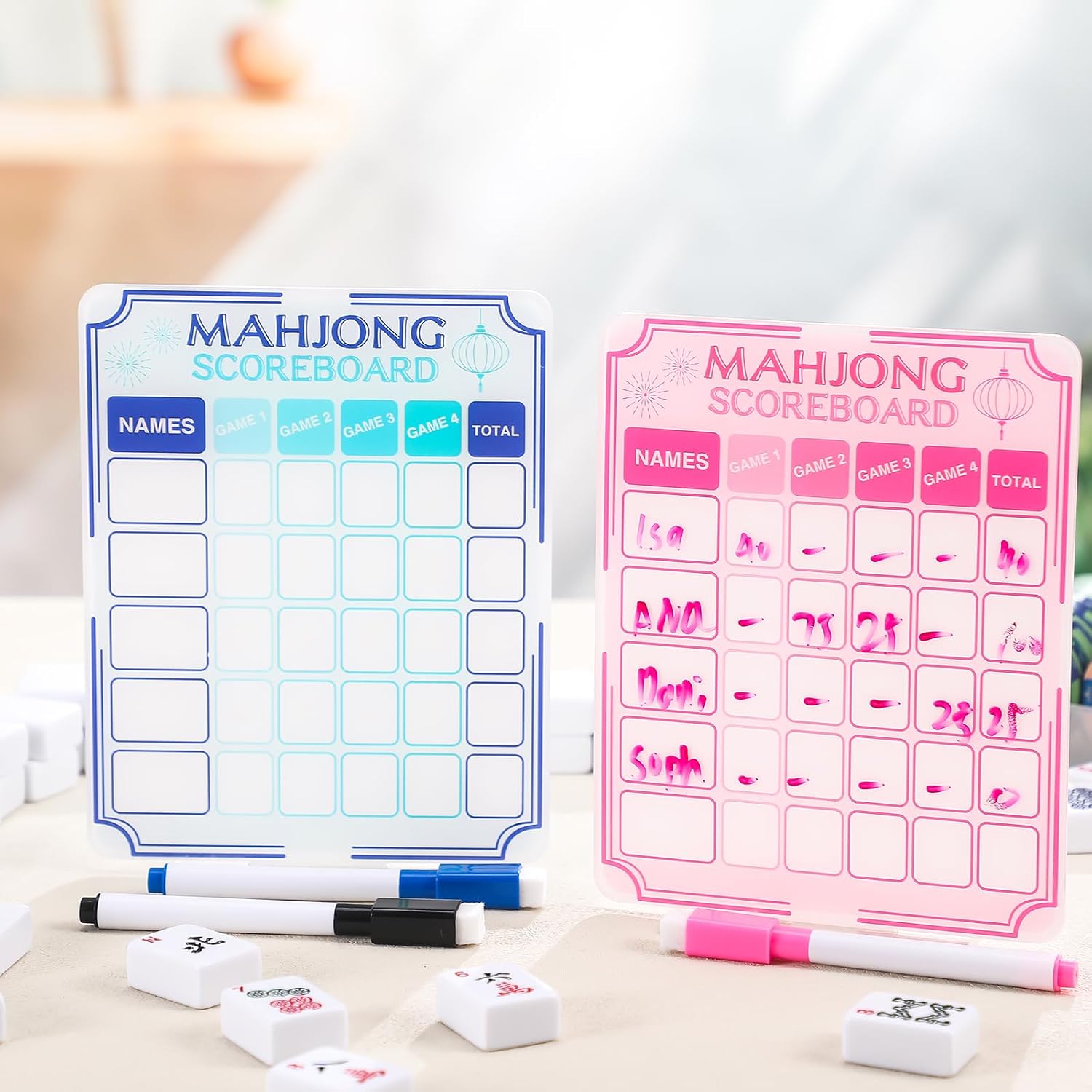 Feifeiya 2 Set Mahjong Scoreboard with 3 Dry Erase Markers Dry Erase Board with Stand Acrylic Scoring Tiles for Mahjong Party Favors Supplies Game Night Accessories