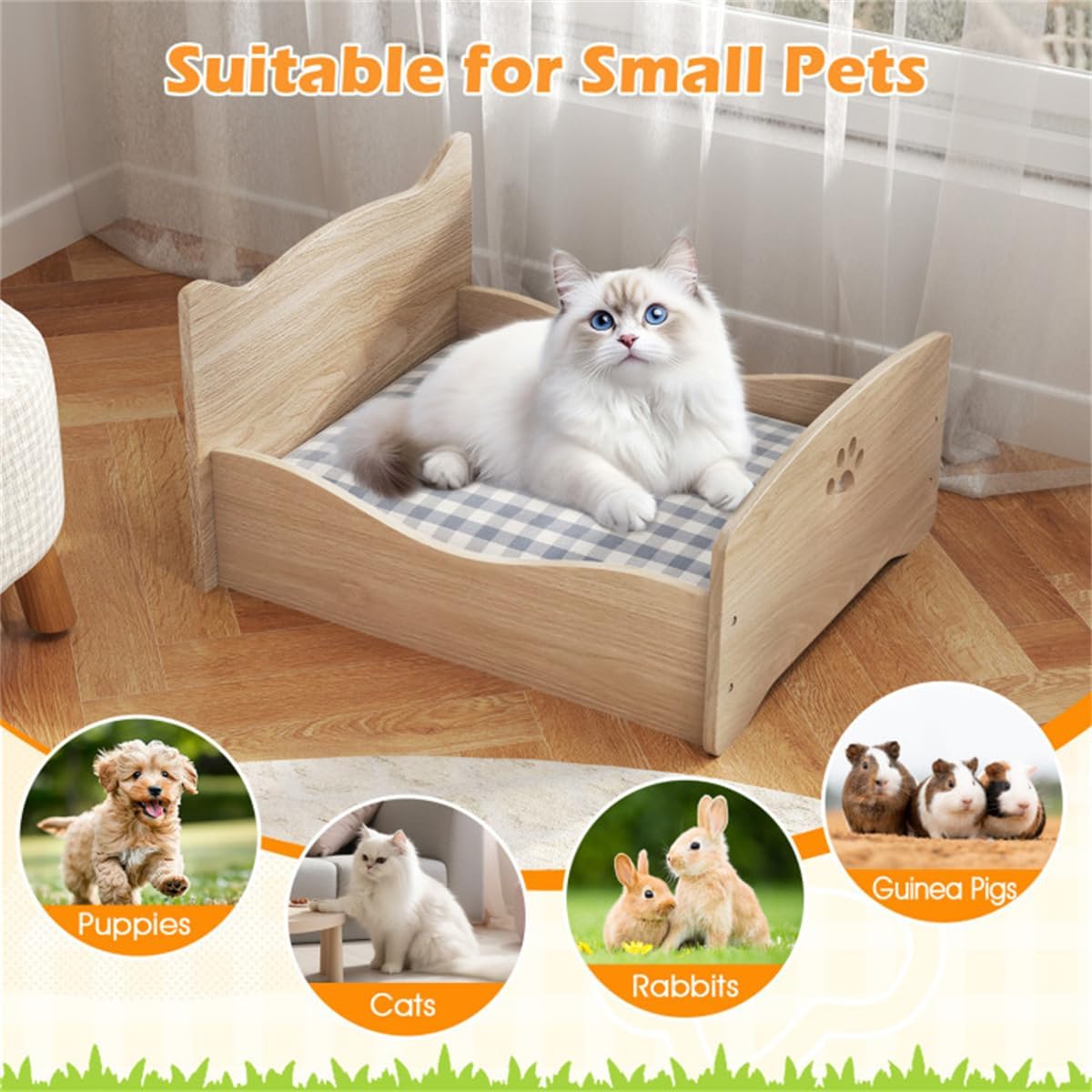 Elevated Pet Bed Frame for Small Animals with Guardrails and Wood Finish