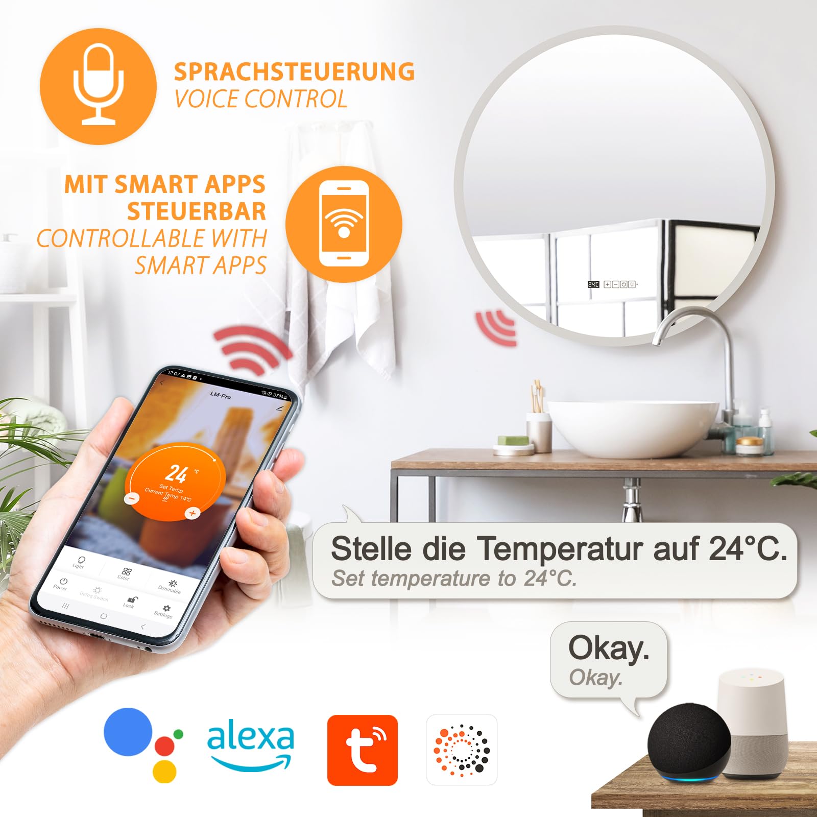 Mi-Heat Specchio riscaldante a infrarossi LM350-Pro, rotondo, diametro 70 cm, 350 W, con luce, termostato Tuya Smart App Controllo, specchio da bagno, illuminazione LED a infrarossi,