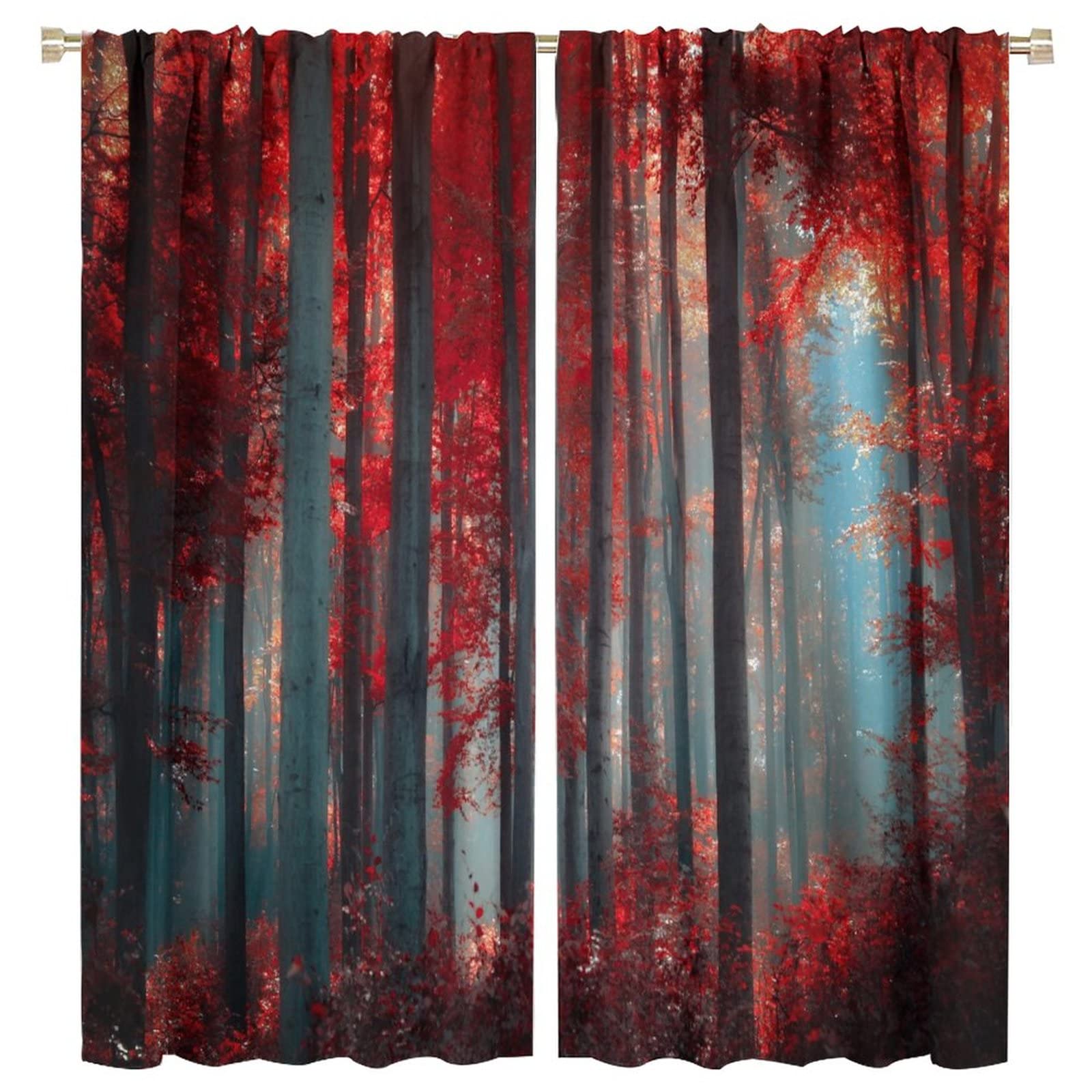 JESTRONRY Red Forest Window Curtains,Mystic Foggy Trees Natural Landscape Print Pattern Blackout Window Rod Pocket Curtains for Bedroom Living Room Kitchen Home Decor,2 Panels W63xL72in