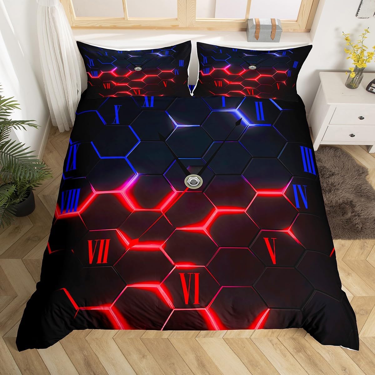 Honeycomb Comforter Covet Full Size,Red and Blue Neon Hexagon Geometric Duvet Cover Set with 2 Pillowcases,Abstract Clock Bedding Set for Boys Teens Bedroom Decor (No Comforter), Soft Polyester