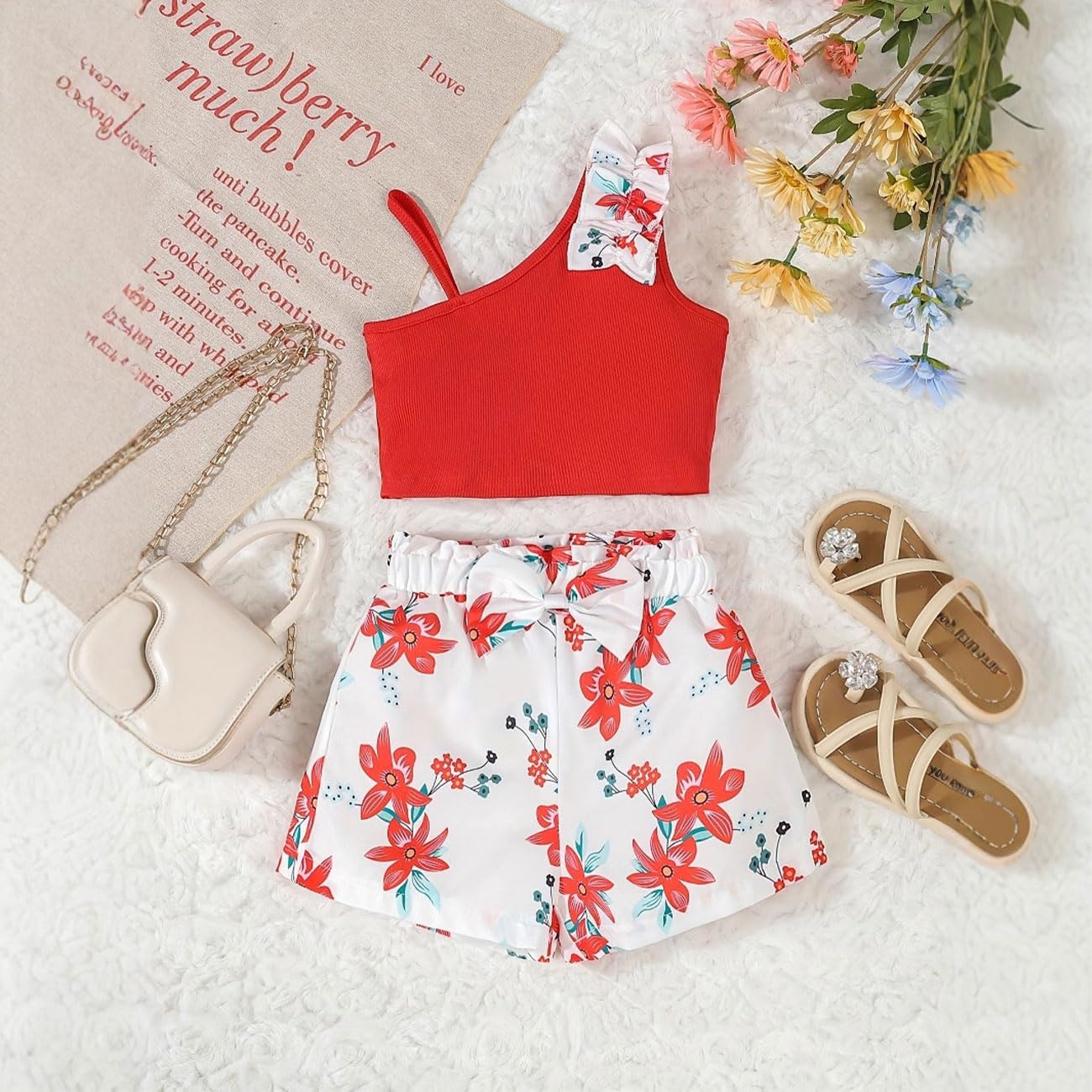 Conjunto Ropa Niña, Top Acanalado + Pantalones Cortos con Cintura Elástica con Estampado Tropical de Plantas/Flores y Lazos, Conjunto Verano Otoño Niña, Verde/Blanco/Rojo/Rosa Rojo, 4-7 Años
