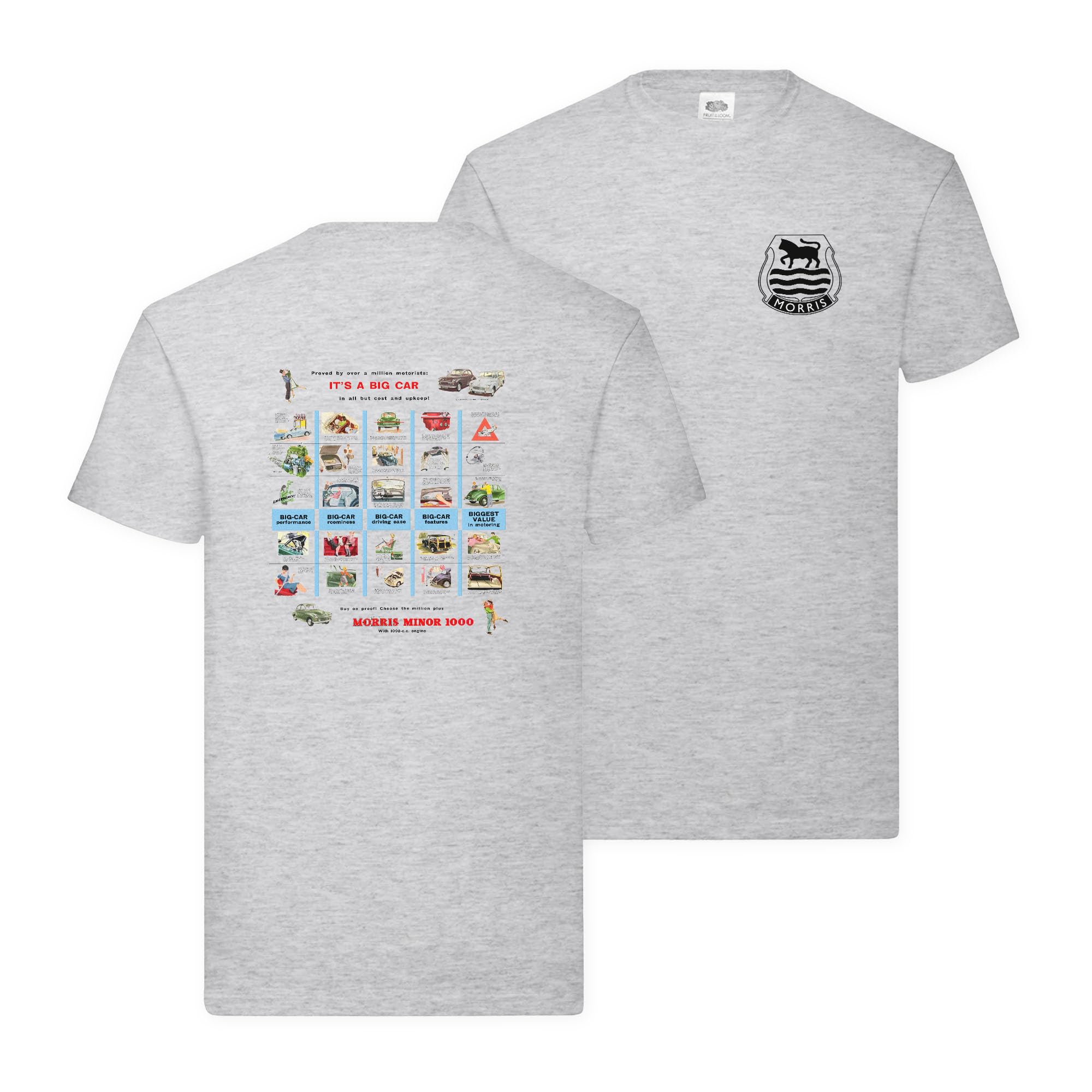 British Motor Heritage Men's Heather Grey Morris Minor 1000 Vintage Advert T-Shirt British Sports Car Licenced Product (Uk, Alpha, M, Regular, Regular, )