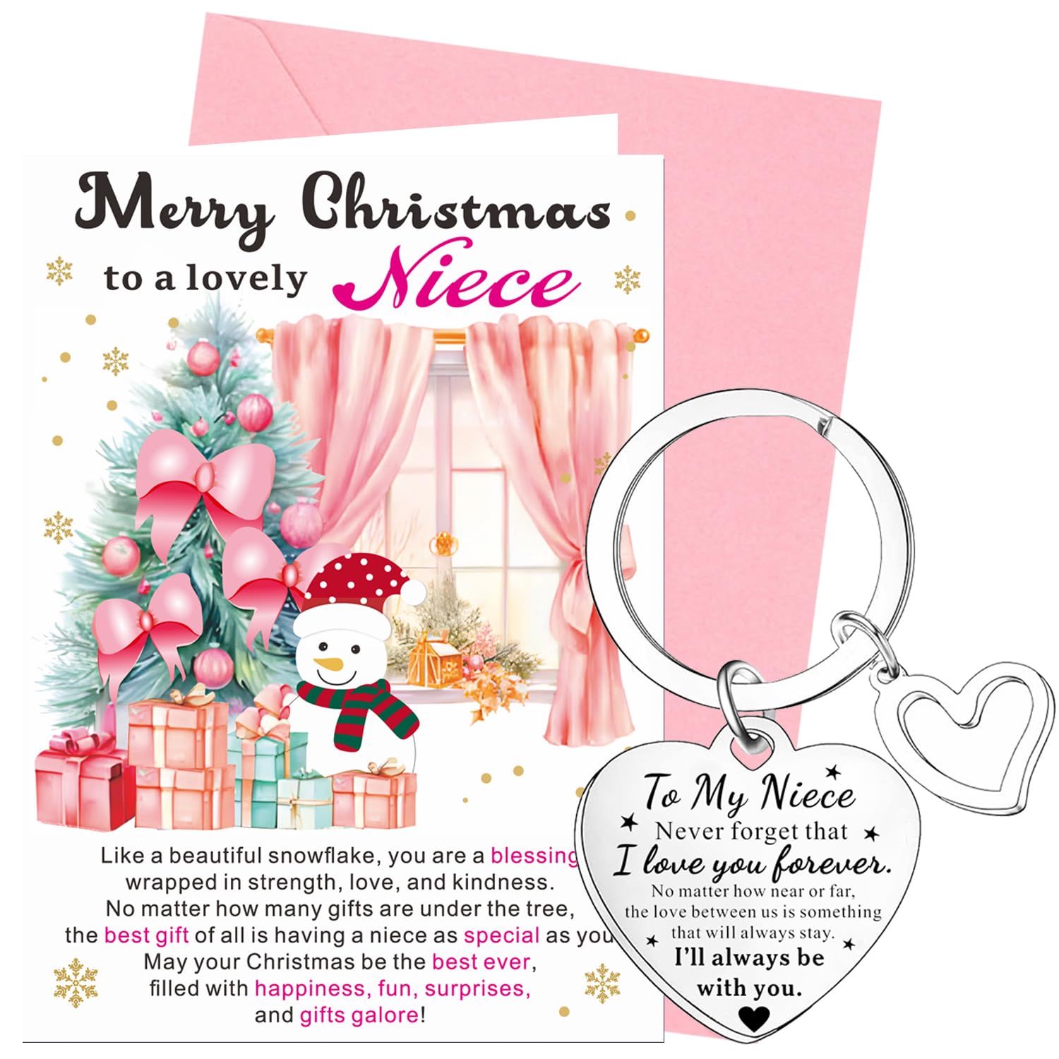 XINDY Niece Christmas Card, Christmas Card for Niece Xmas Card Keyring Xmas Gifts for Her from Auntie or Uncle with Envelope