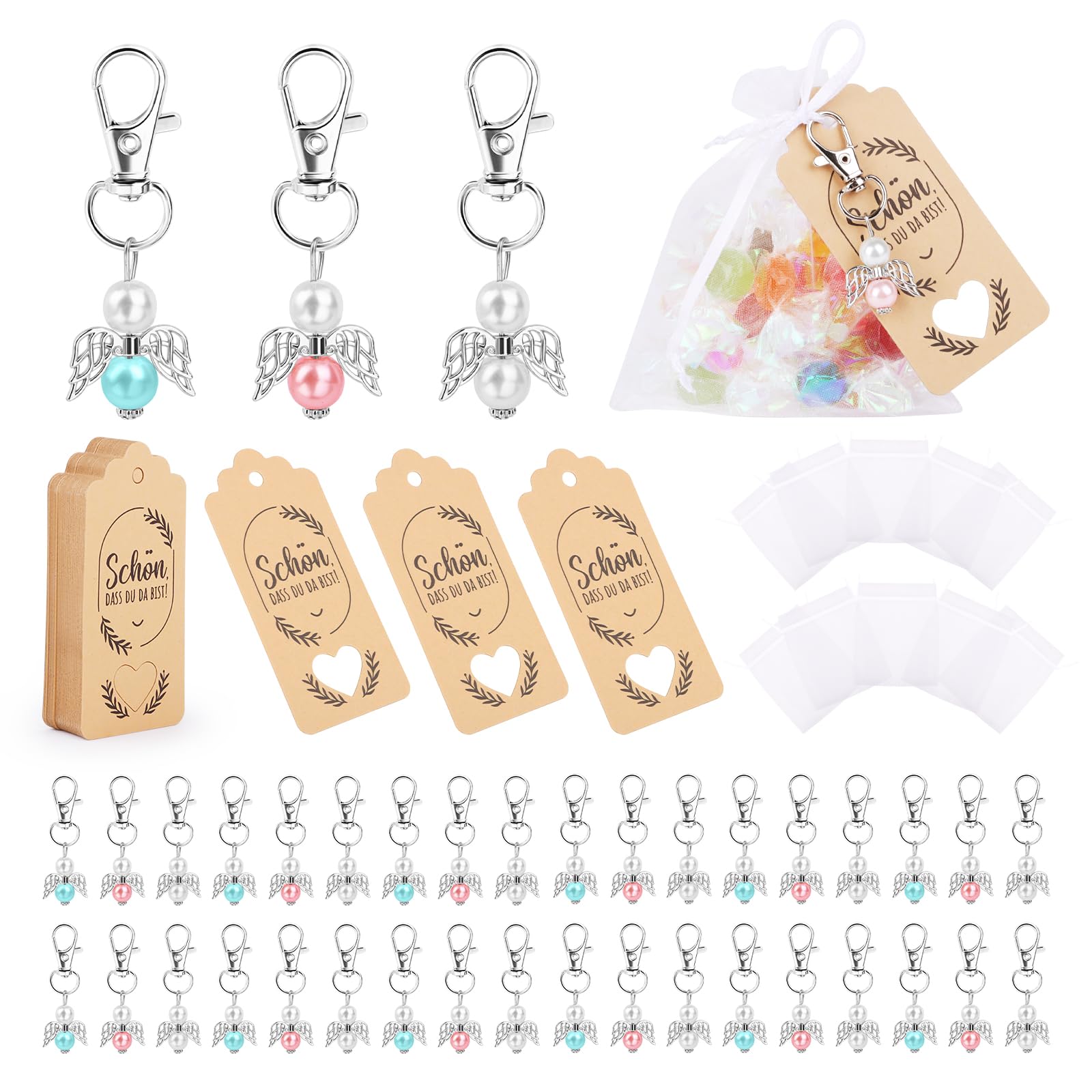 VMUTGA 36pcs Llavero ángel de la Guarda, Detalles Regalos Boda, Bautizo Comunion con Bolsas de Organza y Etiquetas Bautizo, Adecuado para Regalos Comunión para Invitados