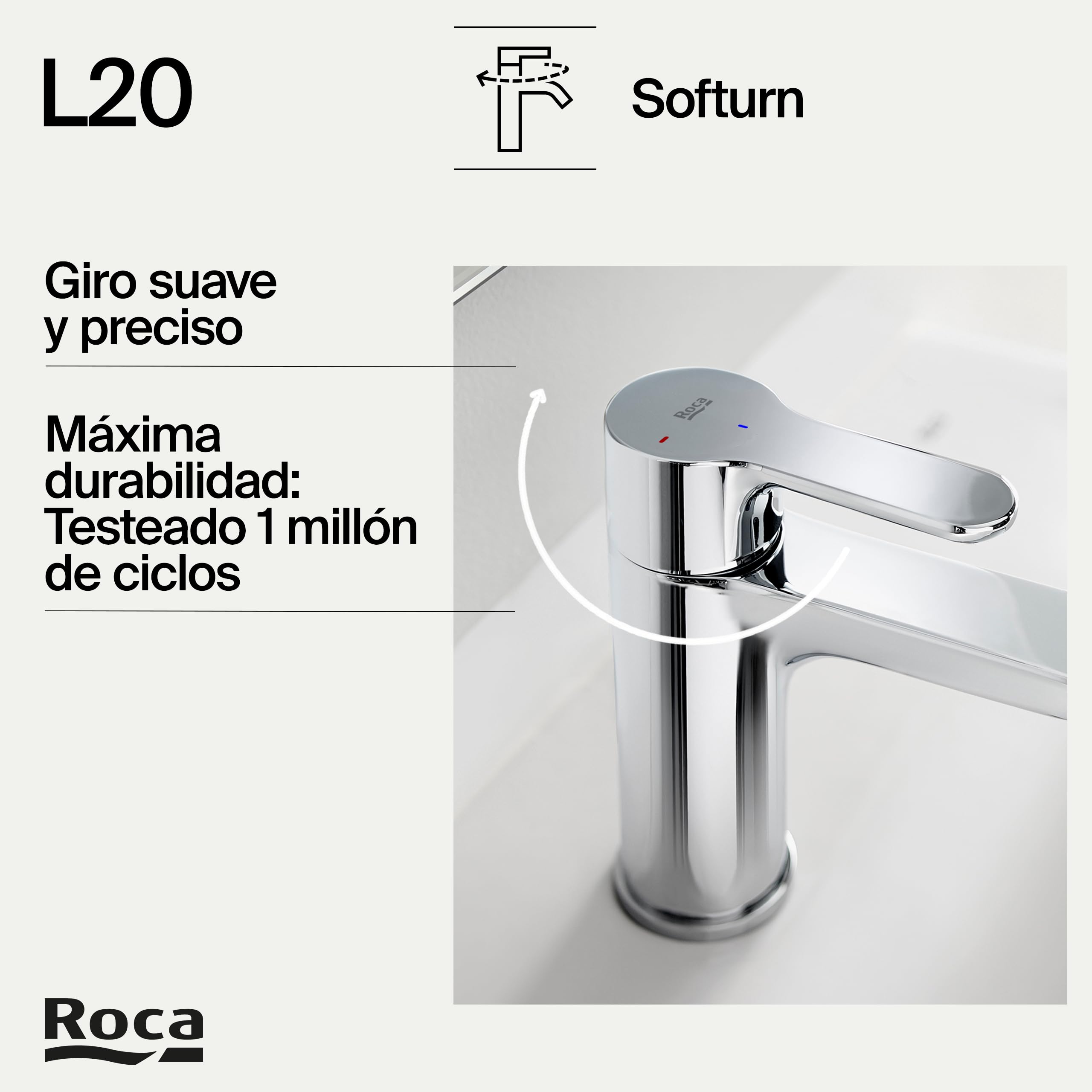Roca L20 Grifería para lavabo con tecnología Cold Start, grifo monomando de repisa con enlaces de alimentación flexibles, mezclador para cuarto de baño de fácil instalación, cromado, A5A3K09C00
