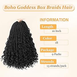 Yewell Goddess Box Braids Crochet Hair 10 Inch Boho Crochet Boxes Braid With Curly Ends, 9 Packs Bohomian Box Braiding Crochet Hair For Black Women Pre Looped BoxBraids(10Inch 9 Packs,1B)