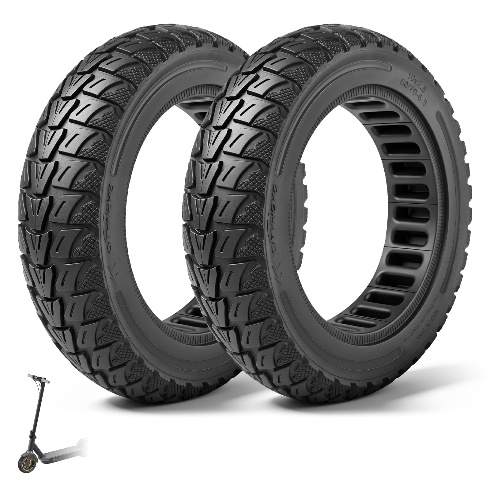 Lot de 2 pneus pleins 60/70-6,5" - 10" - En caoutchouc solide - Pour scooter électrique Ninebot Max G30/Max G30D/Max G30D2 - Pneus de rechange complets - Antidérapants - Anti-crevaison - Noir