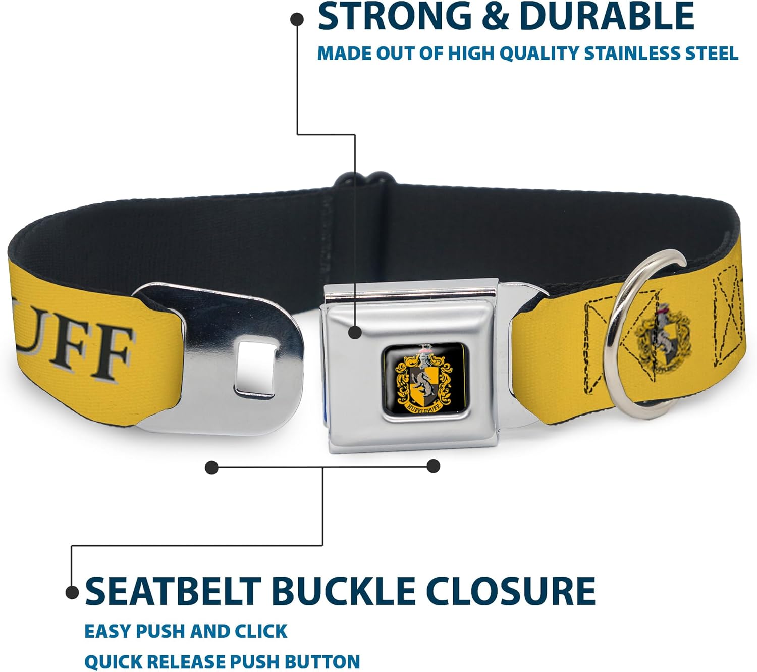 Dog Collar Seatbelt Buckle Harry Potter Hufflepuff Crest Yellow Black 11 to 16.5 Inches 1.0 Inch Wide