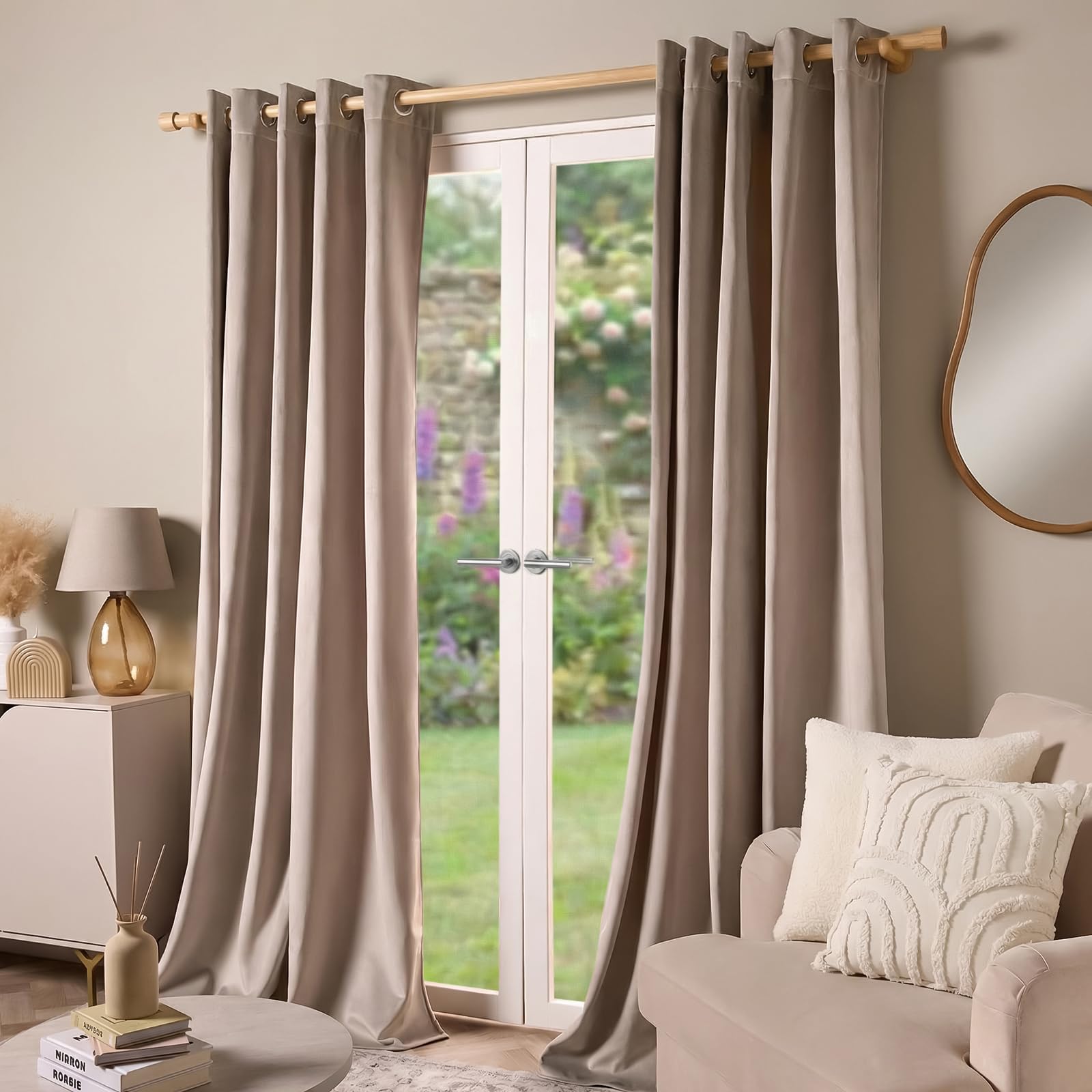 OHS Thermal Matte Velvet Eyelet Curtains - Natural - 168cm Width x 229cm Drop - Ready Made Curtains