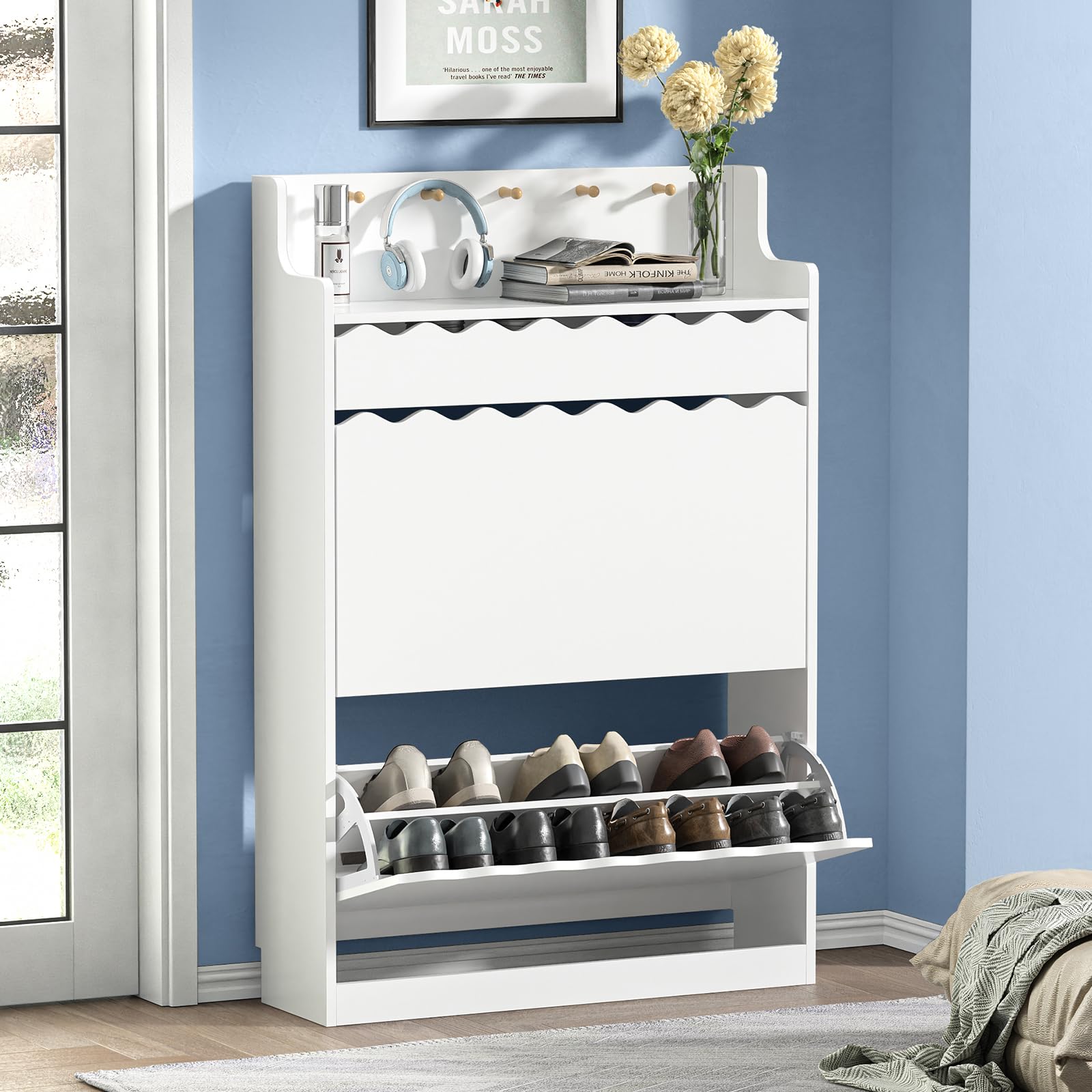 Anmytek Shoe Storage Cabinet with 2 Flip Drawers & Drawers, Narrow Shoe Cabinet for Entryway, Freestanding Hidden Wood Shoe Storage Cabinet White for Hallway, Living Room