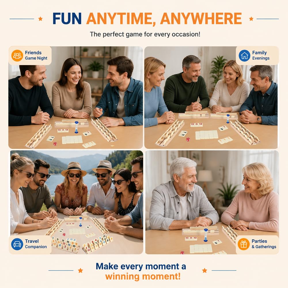 Rummy Gioco da Tavola | Rummy Set con 160 Pezzo 6 Rastrelliere 1 Clessidra, 1 Dado e 1 Custodia | Classico Gioco da Tavolo e di Carte | Facile da Imparare | Giocos Portatile per 2–6 Giocatori