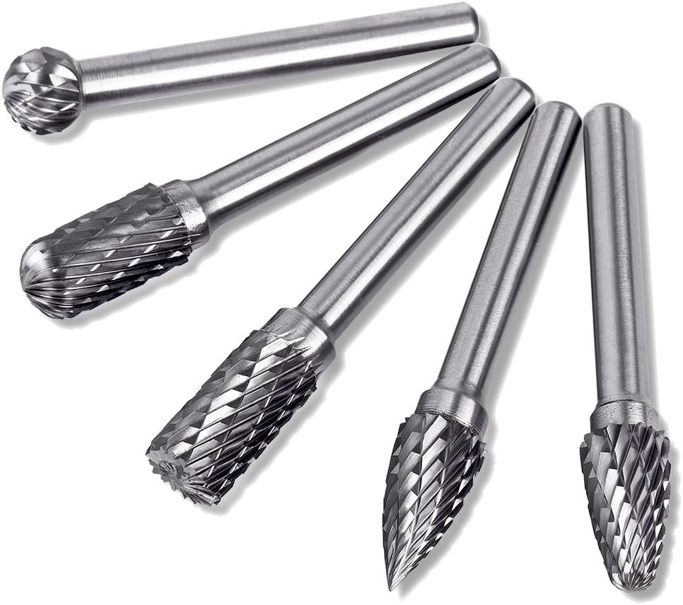 Tonsiki 5 Pieces 10mm Head Tungsten Carbide Rotary Burr Carving Bit Set with 1/4 Inch(6mm) Shank for DIY Woodworking, Carving, Engraving, Drilling