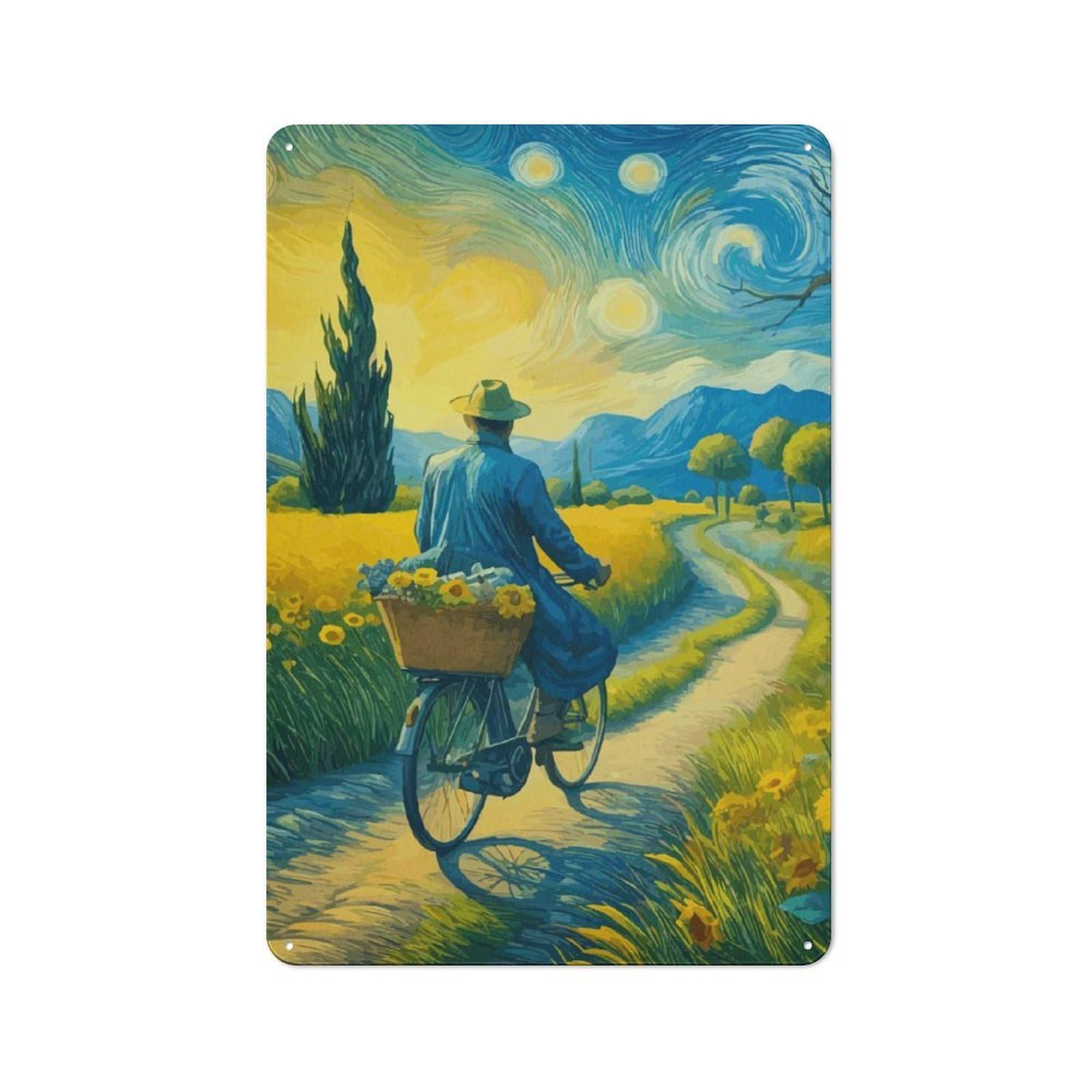 Junmoney Starry Night Cyclist Retro-Style Metal Plaque 30X20cm For Garage Or Workshop, For Garage, Workshop And Man Cave Decoration
