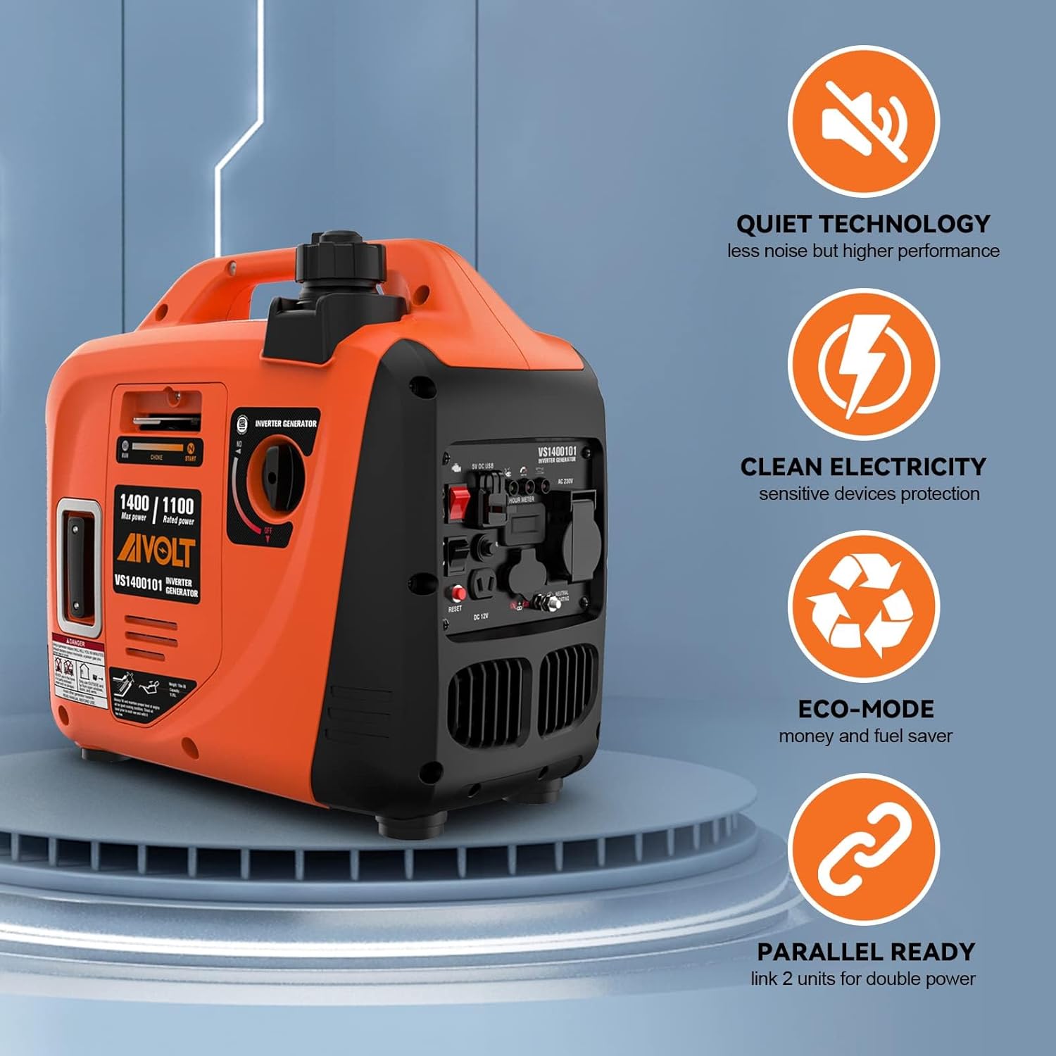 AIVOLT Silent Gasoline Inverter Generator 1400W with AC Outputs 230V/DC 12V/USB Type-A and 2.5L Portable Lightweight Generator Tank for Outdoor Camping