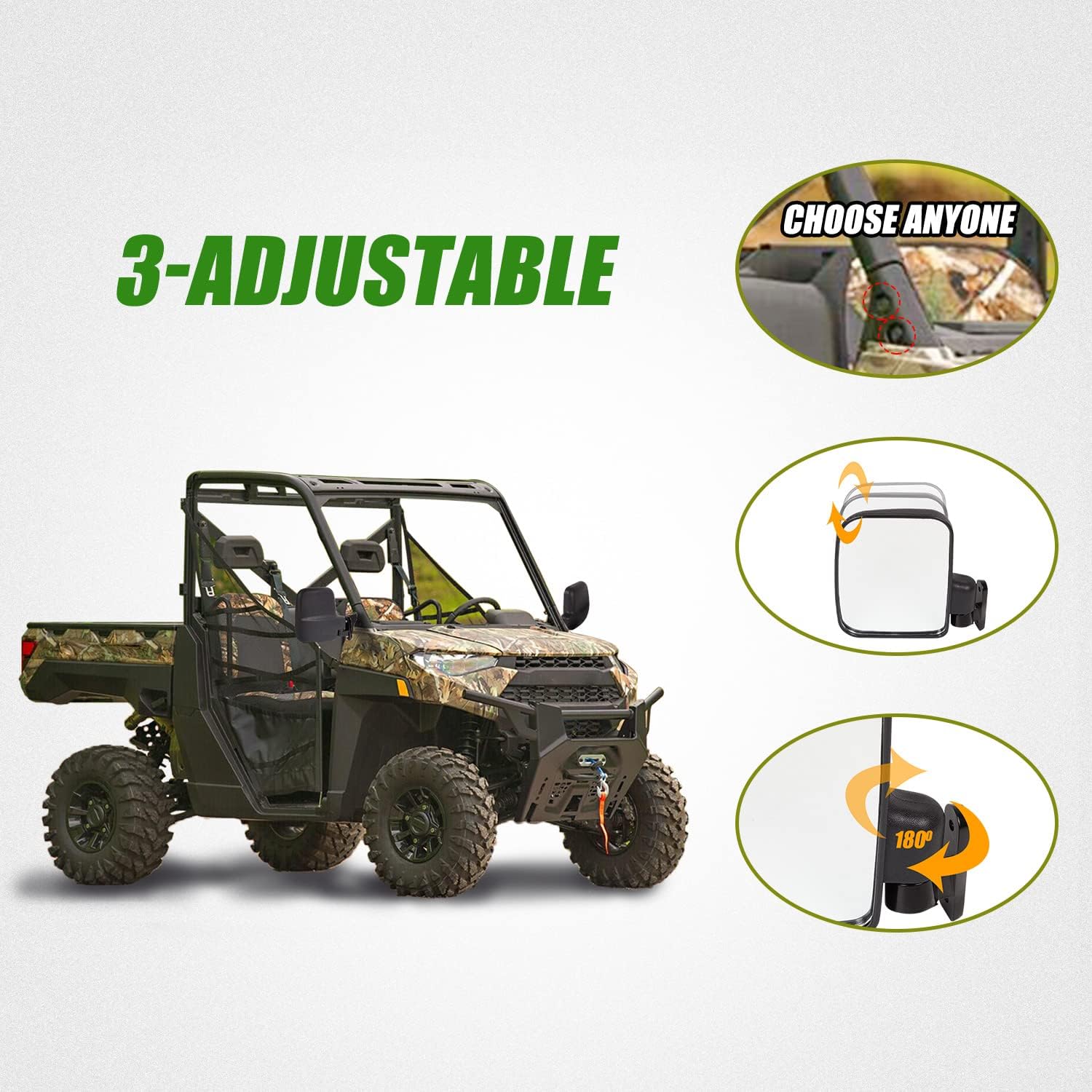 UTV Rear View Side Mirror Compatible with Polaris Ranger XP 1000, Ranger Crew XP 1000 2018 2019 2020 2021 2022 2023 2024 2025 (Fit For Factory Doors Installed)