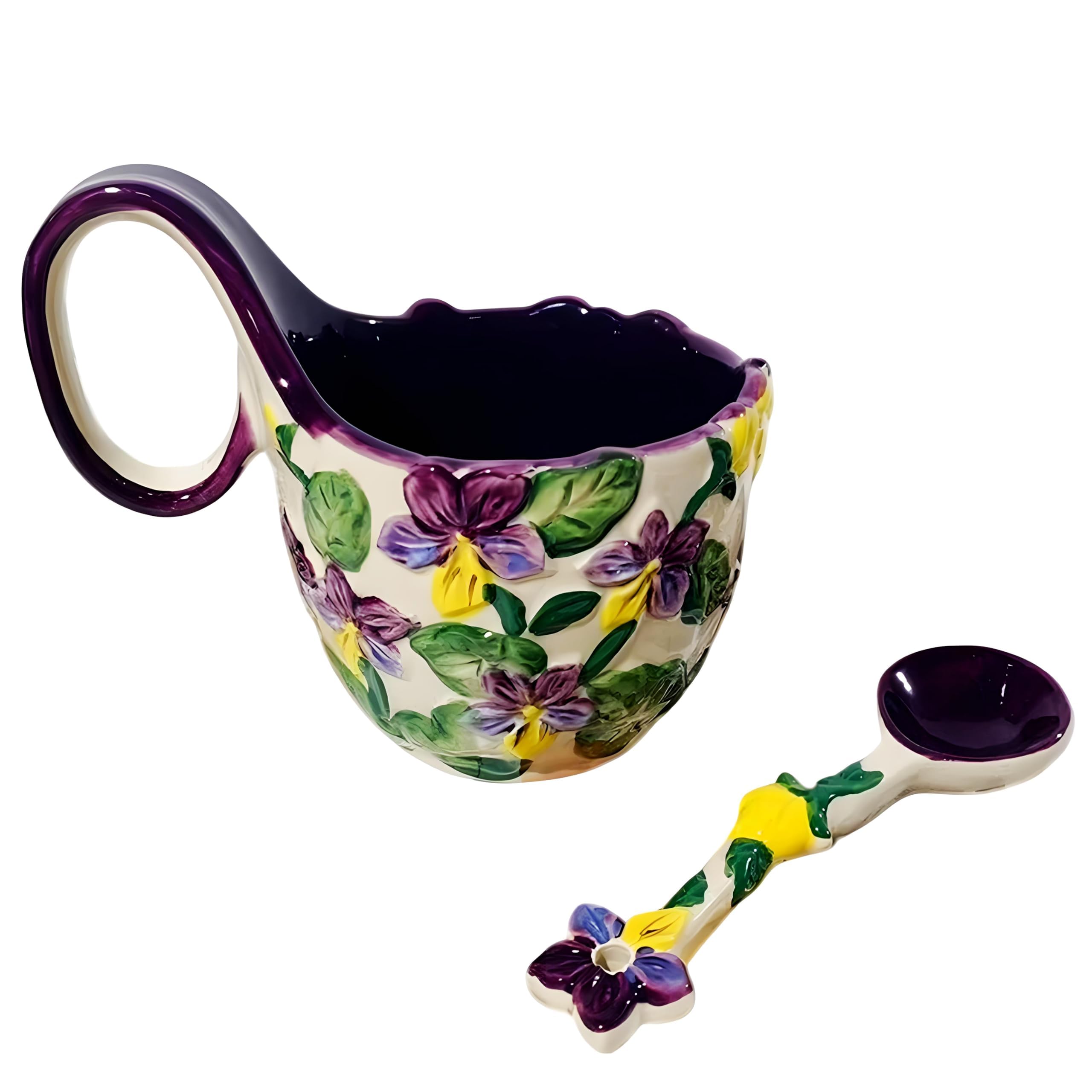 15.87 Oz Microwavable Soup Bowl with Handle, Handmade Iris Flower Relief Decorative Soup Bowls with Handles, Ceramic Soup Bowl with Spoon for Holding Fruits Cereal Snack, Chili, Ice Cream, Stew, Salsa