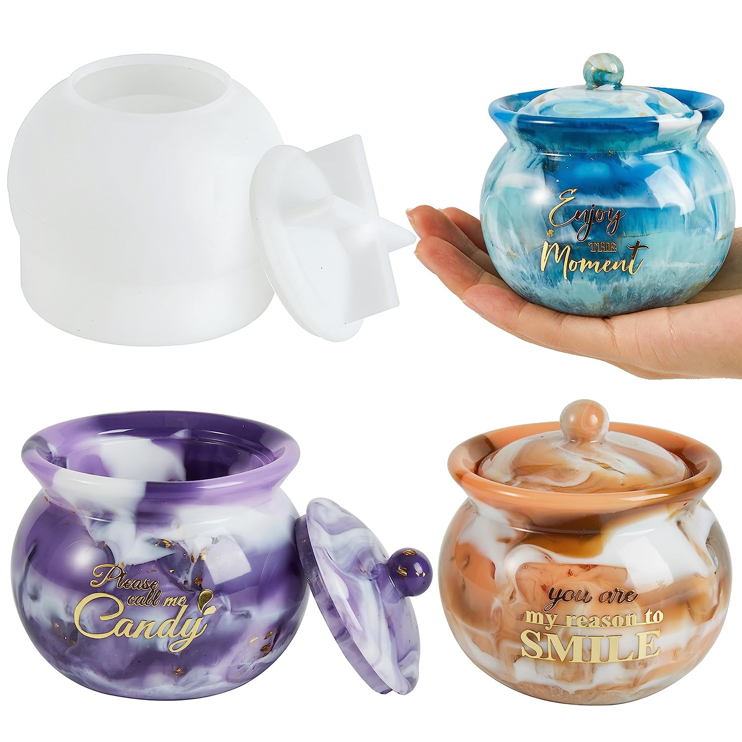 Joyzzz Silicone Resin Molds, Silicone Molds with Base, Silicone Jars Molds with Lids, Resin Molds for Epoxy Resin Casting, Candy Jewelry Storage Boxes, DIY Crafts, Home Decoration