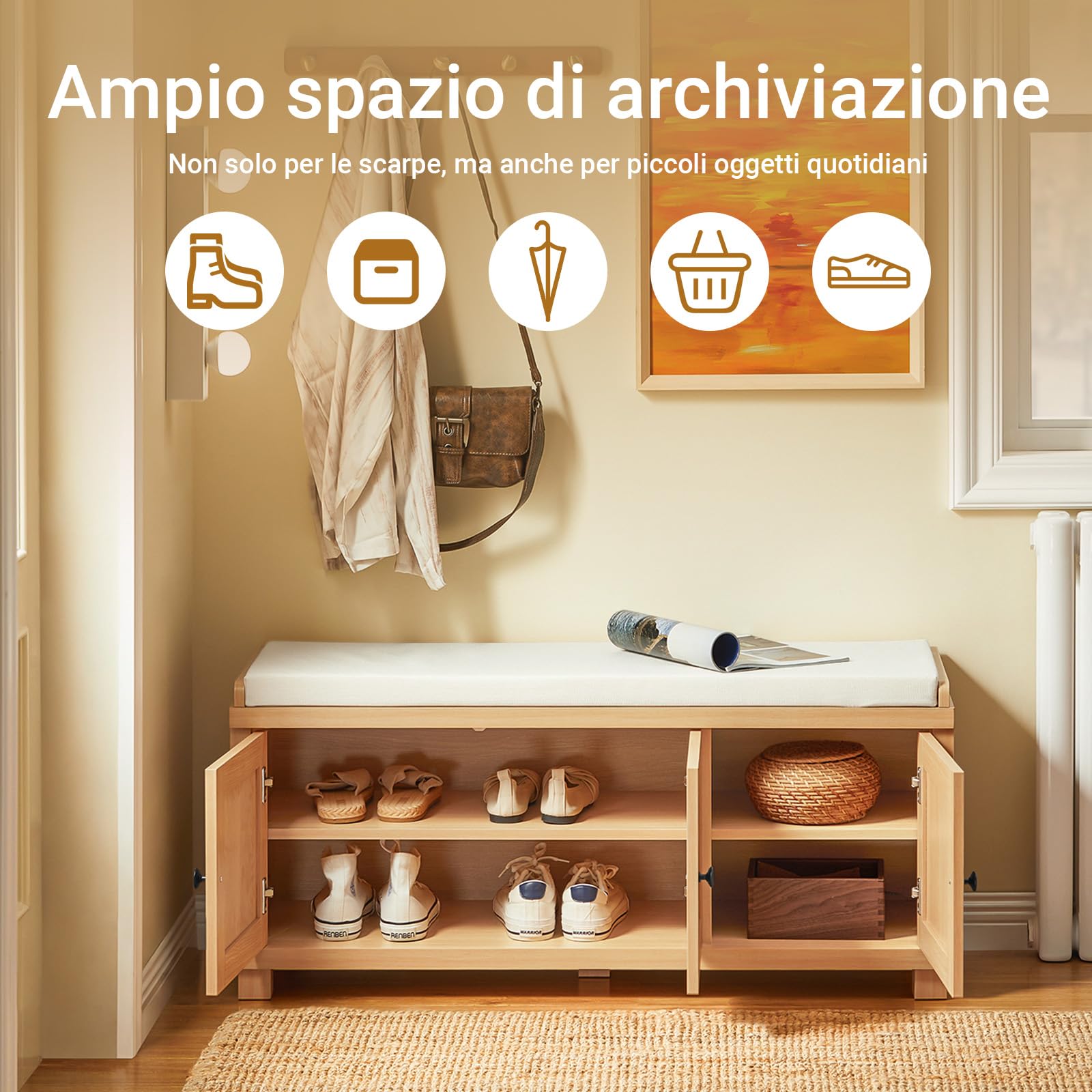 SoBuy Scarpiera Ingresso Panca Contenitore con Seduta Imbottita e 4 Scomparti - Legno Naturale per Casa Ingresso Camera da Letto, Capacità 225kg, Facile da Montare - 104x34x47cm, FSR188-N