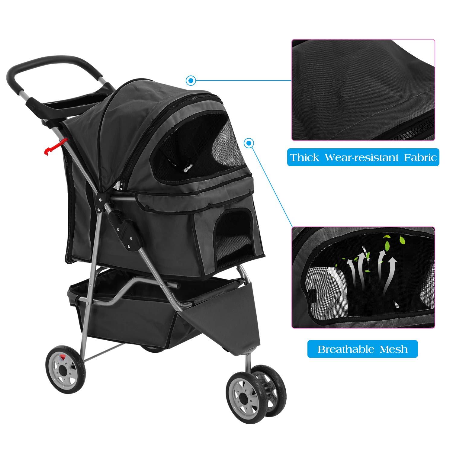Pet Stroller Dog Stroller for Small Medium Dogs & Cats, 3 Wheel Folding Pet Travel Stoller Pet Jogger with Zipper Mesh Door and Storage Basket Easy Walk Pet Roadster for Puppy Animals (Black) : Pet Supplies