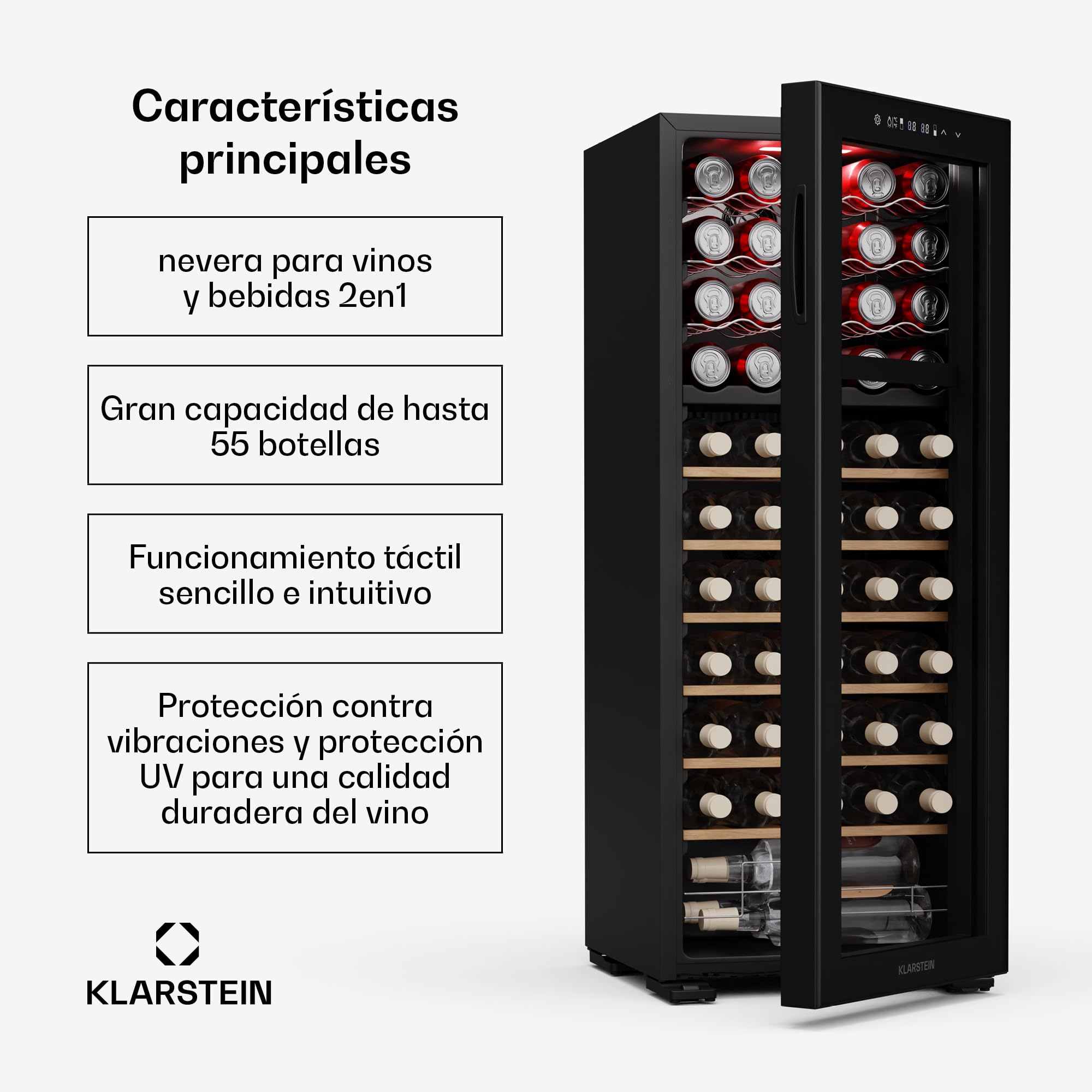 Klarstein Bovella 55 duo+ vinoteca - 55 botellas, 2 zonas, 5-18°c, control táctil, iluminación led, protección uv, independiente, nevera vinos
