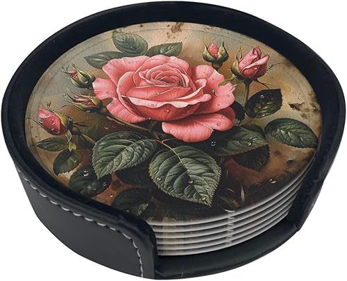 Juego de 6 posavasos con diseño de rosas para bebidas con soporte, juego de 6 posavasos con patrón de flores para sala de estar, cocina, cafetería,