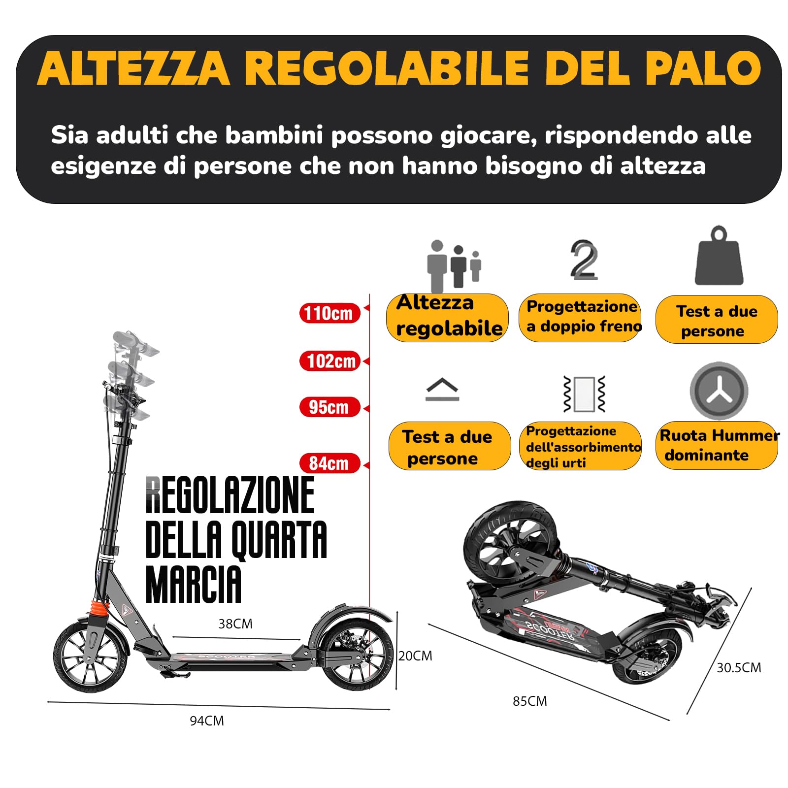 Trottinette pour Adultes et Adolescents et pour Les Jeunes de - Trottinette Adulte Pliable légère avec Grandes Roues Construction Durable Pliage Rapide Guidon Ajustable Roues à 200mm Amortisseu