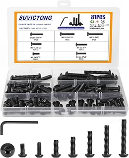 81Pcs Button Head Socket Cap Bolts Screws,1/4-20×1/2” 5/8” 3/4” 1” 1-1/4” 1-1/2” 2”Black Socket Cap Bolts,304 Stainless Steel 18-8,Fully Threaded, Allen Hex Drive with Spanner