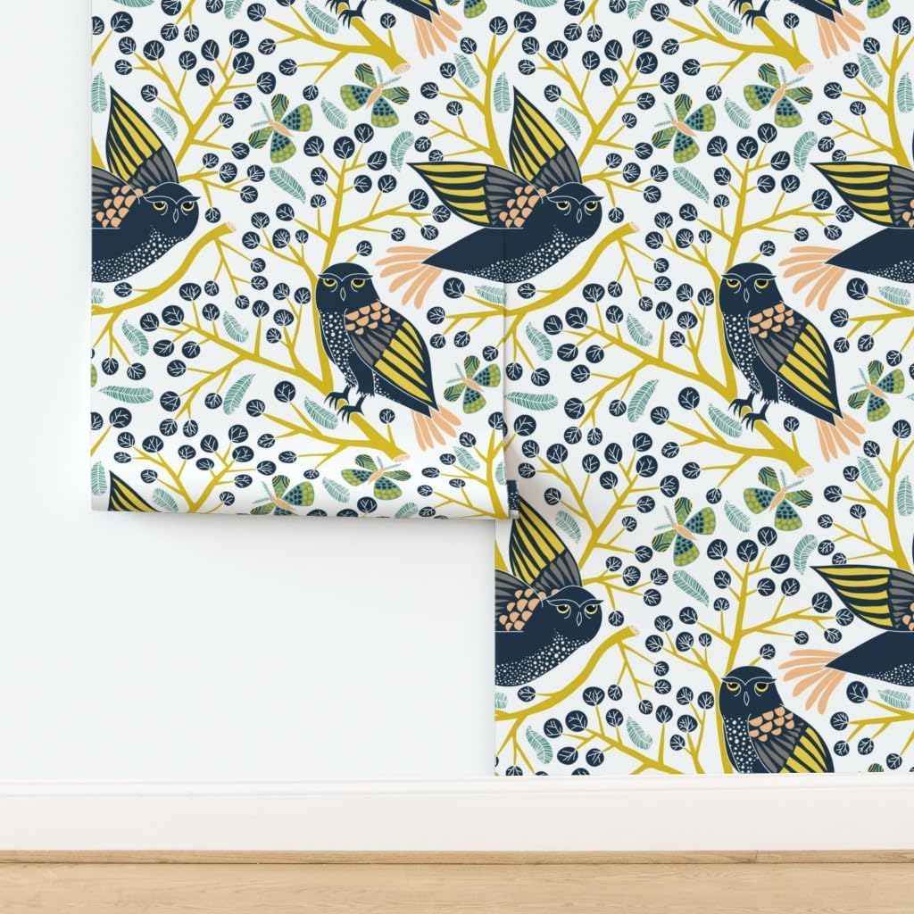 Peel & Stick Wallpaper 6ft x 2ft - Owl Leaf Modern Butterfly Endangered Species Animals Night Custom Removable Wallpaper by Spoonflower