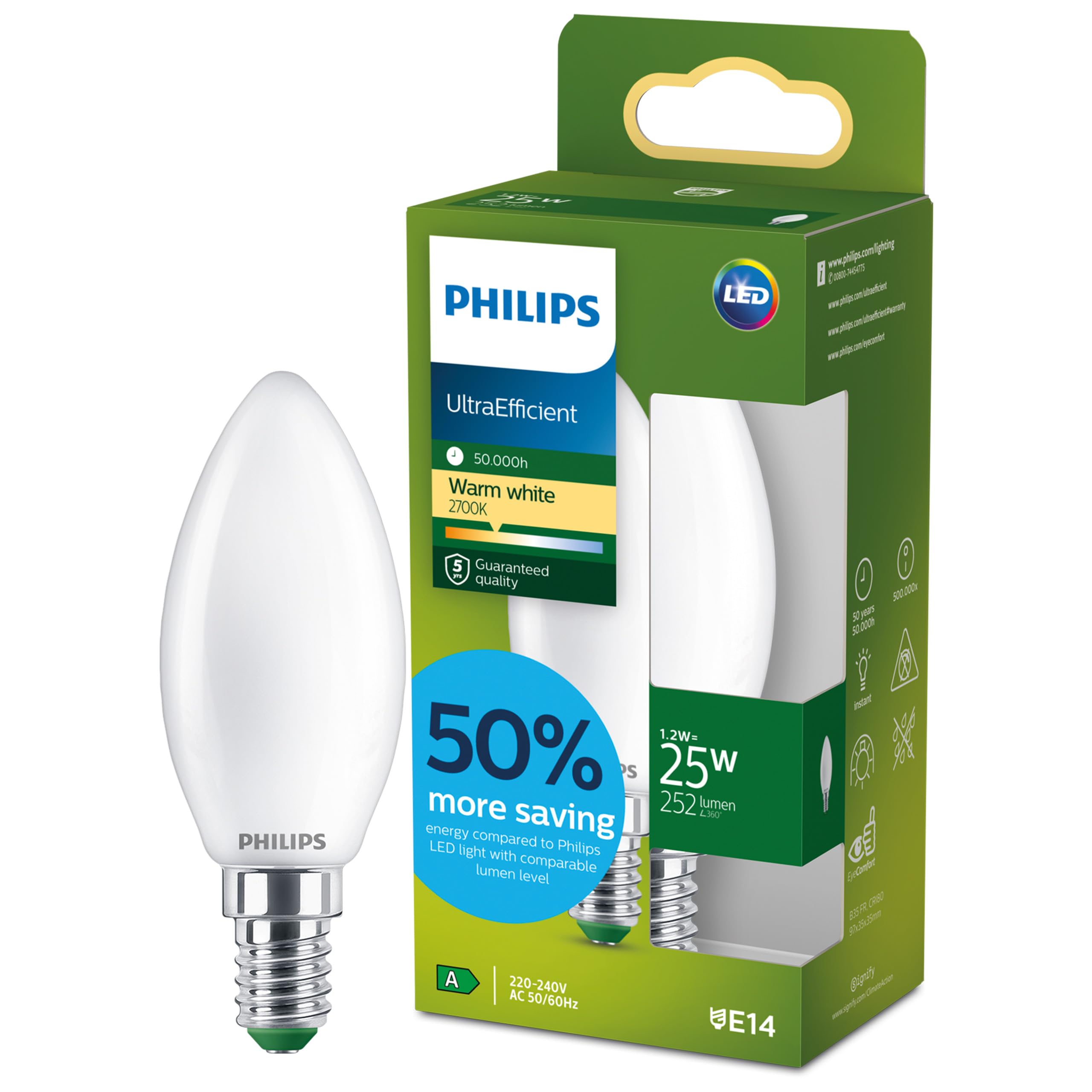 Philips LED UltraEfficient Frosted B35 Candle Bulb, E14 Small Edison Screw, Energy Class A, 252 lm, 25W Equivalent, Warm White (2700K), EyeComfort, 50,000 Hours, 1 Pack