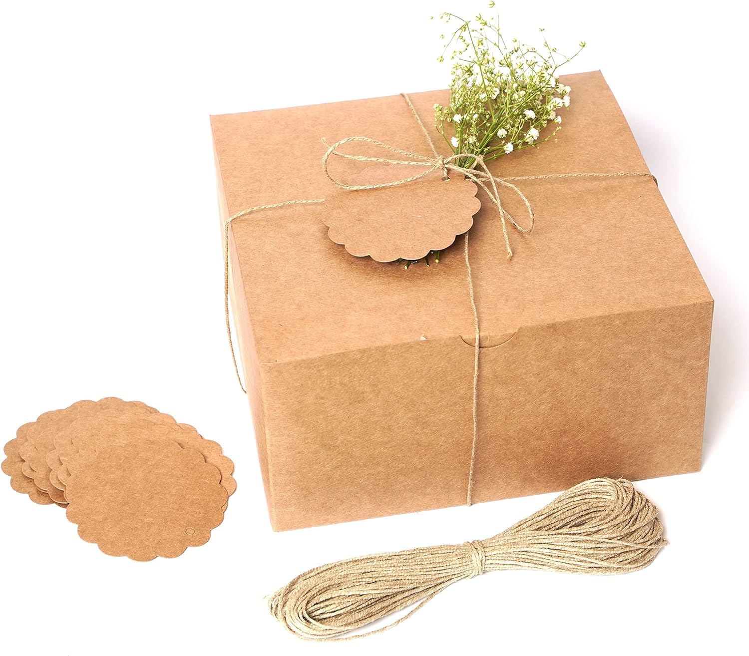 mudrit Kraft Gift Boxes 20 Pack 8x8x4 Inches, Thick Kraft Paper Boxes with Lids, Tags & Jute Rope for Gifts, Wedding Favours, Bridesmaid Proposals,