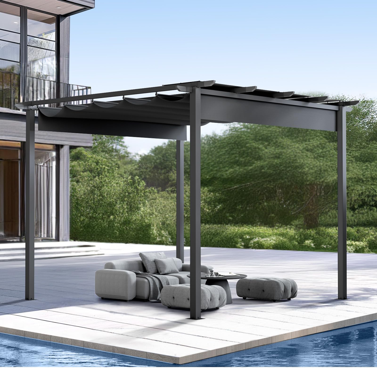 10'x10' Retractable Outdoor Pergola, Patio Pergola with Drainage Holes and Windproof Hooks, Aluminum Pergola with Adjustable Sun Shade Canopy Outdoor Shelter Gazebo Pergolas for Porch Backyard Grill