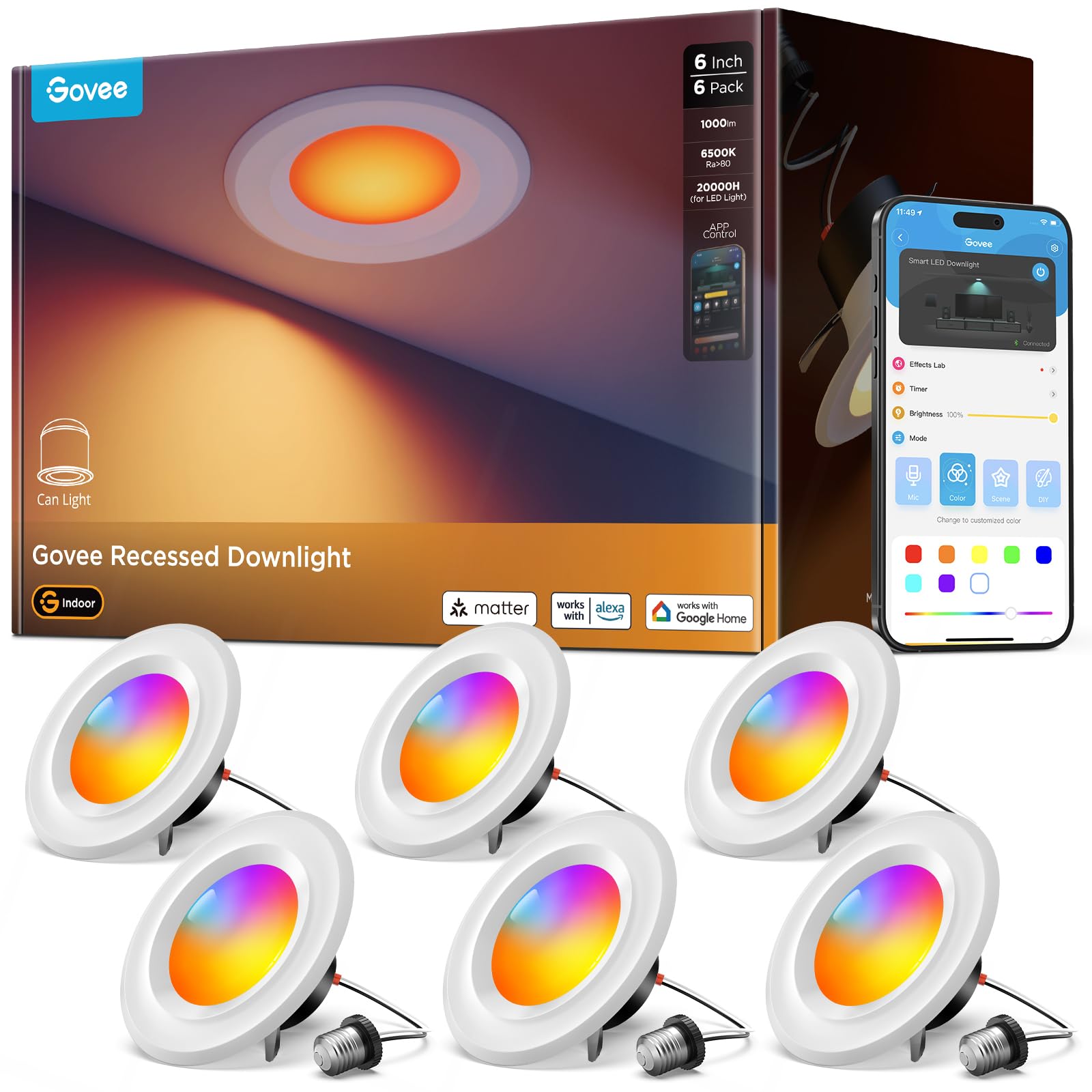 Govee Smart Retrofit Recessed Lighting 6 Inch, Wi-Fi Bluetooth Direct Connect RGBWW Retrofit Can Lights, 65 Scene Modes, Works with Alexa & Google Assistant, 1000 Lumens, 6 Pack