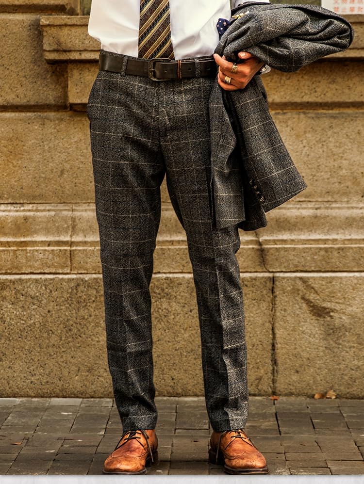 Men's Vintage Wool Blend Dress Plaid Pants Business Suit Straight Leg Casual Pants3
