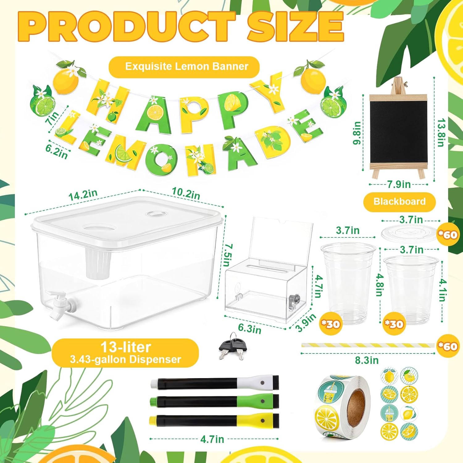 Havawish 3.4Gallon Lemonade Stand Supplies, Drink Dispenser with Spigot, 60 Set Plastic Cups with Lids & Straws, Lemon Banner, Money Storage Box, Chalkboard, Stickers for Summer Business & Fundraising