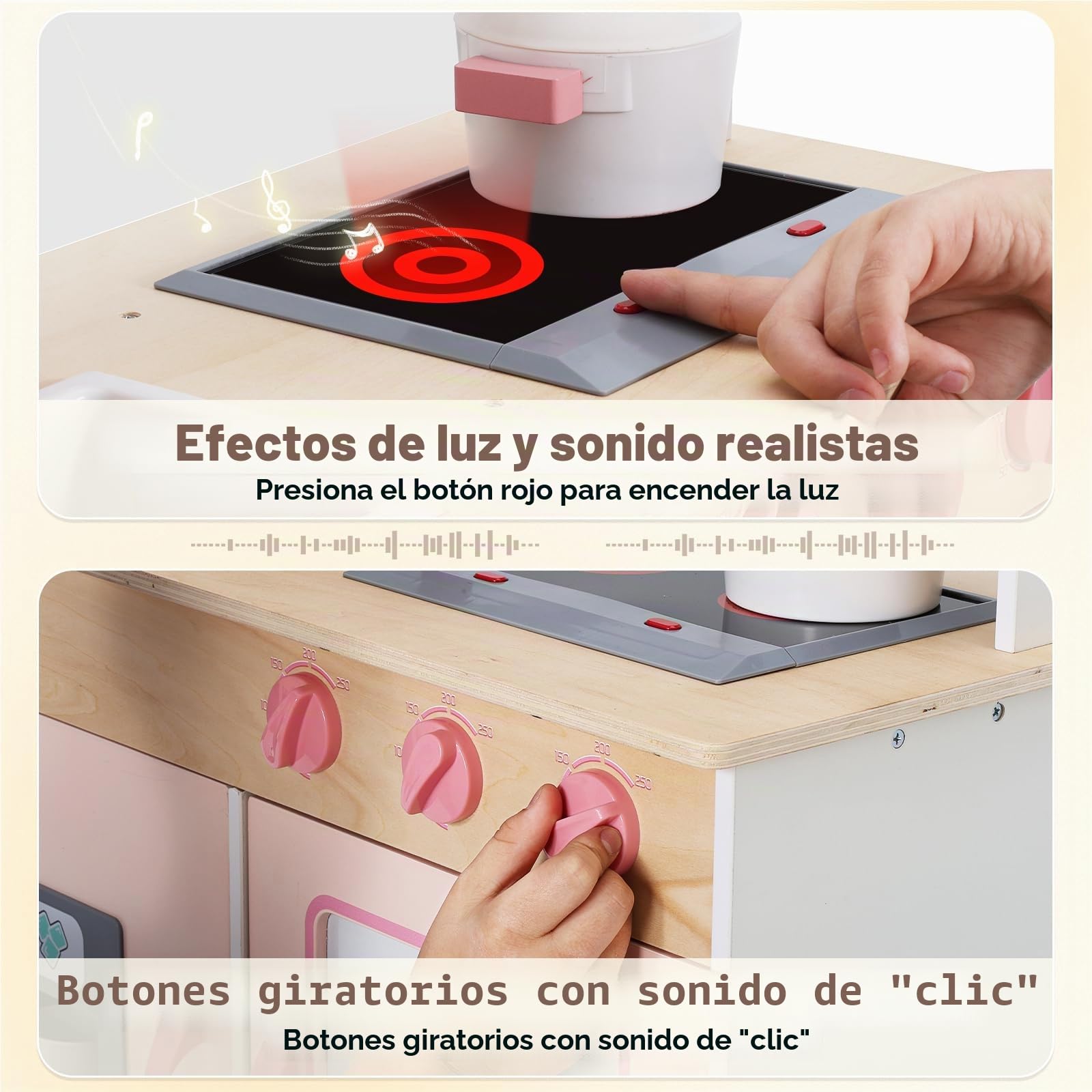 SainSmart Jr. Cocina de madera para niños – Juego de cocina premium para niños – Incluye estufa, refrigerador y accesorios para niñas, rosa