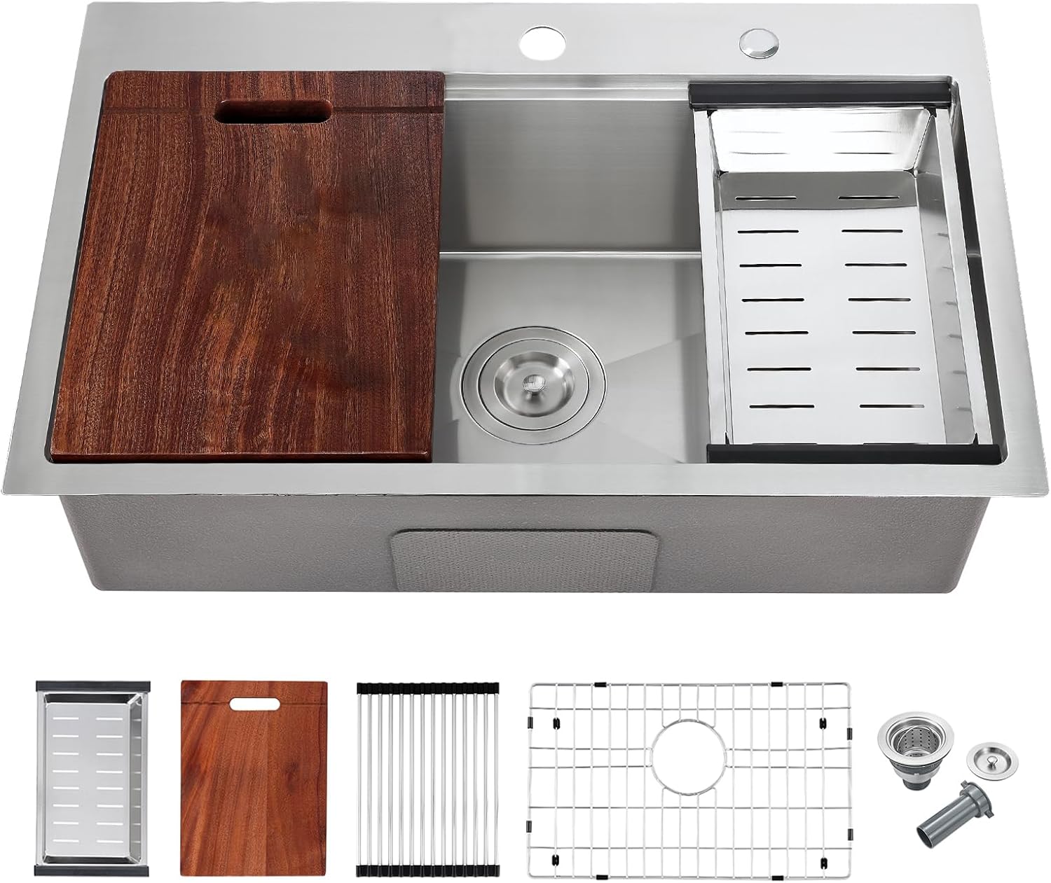 POPFLY 28 x 20 Inch Kitchen Sink, 28 Inch 304 Stainless Steel Top Mount Drop in Workstation Sink, 9-Inch Deep Handmade Single Bowl Sinks with Cutting Board & Strainer, Brushed Nickel（28×20×9）