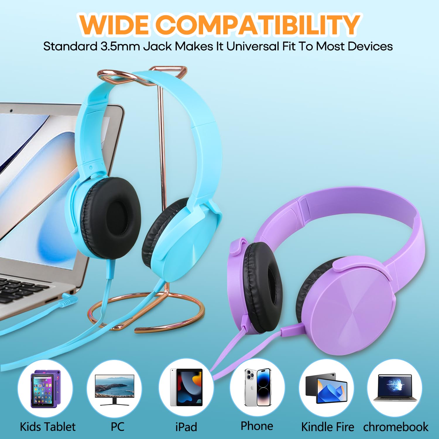 Set di 12 cuffie da scuola per bambini multicolori stereo over ear auricolari auricolari cablati per studenti, comodi auricolari girevoli per bambini, biblioteca aereo online apprendimento e viaggio