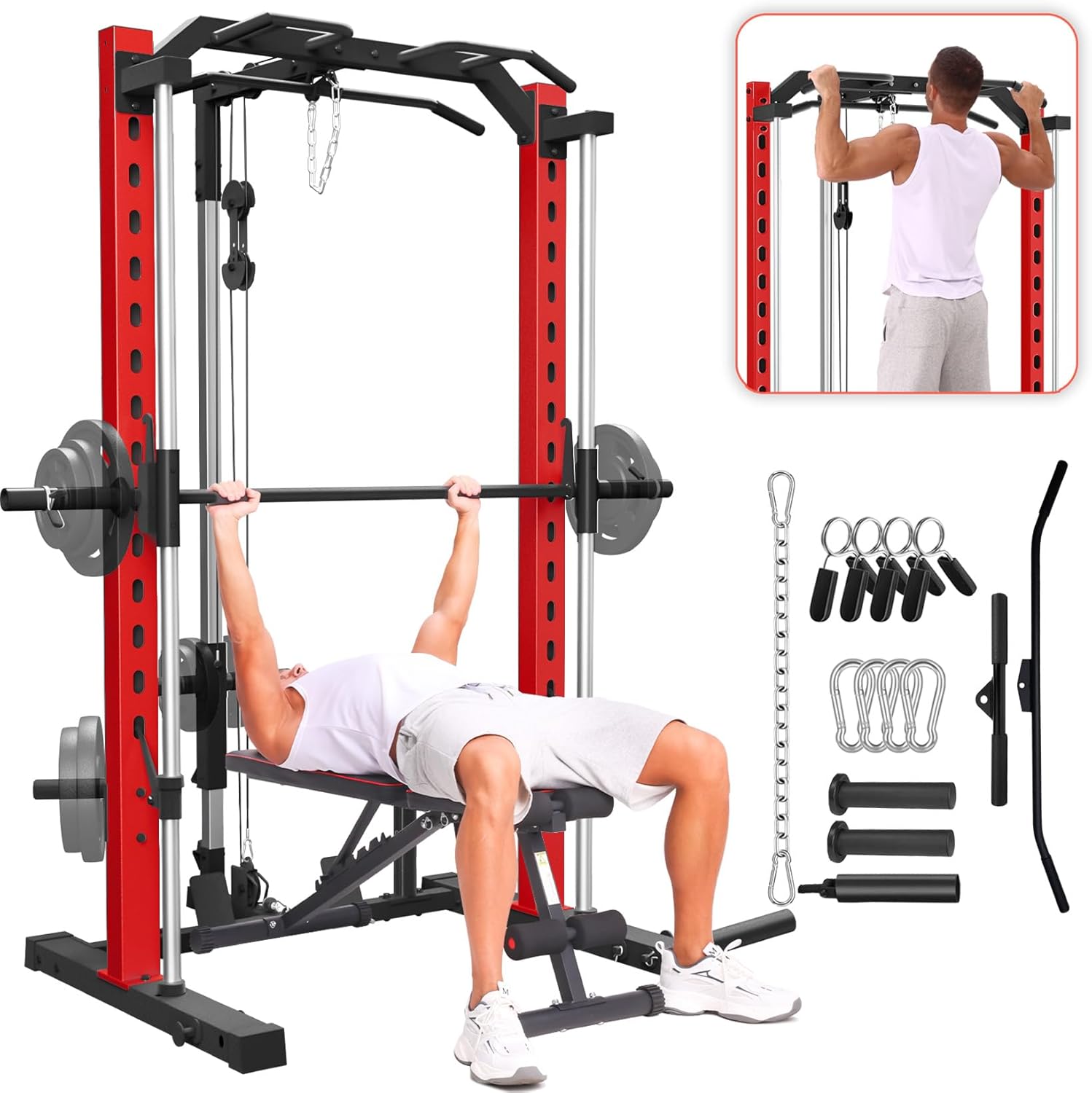 OPPSDECOR All in One Smith Machine, 1400LBS Multi-Functional Smith Machine Home Gym, Squat Rack with LAT-Pull Down System, Power Rack with Barbell Bar, Power Cage with Attachments Full Body Training
