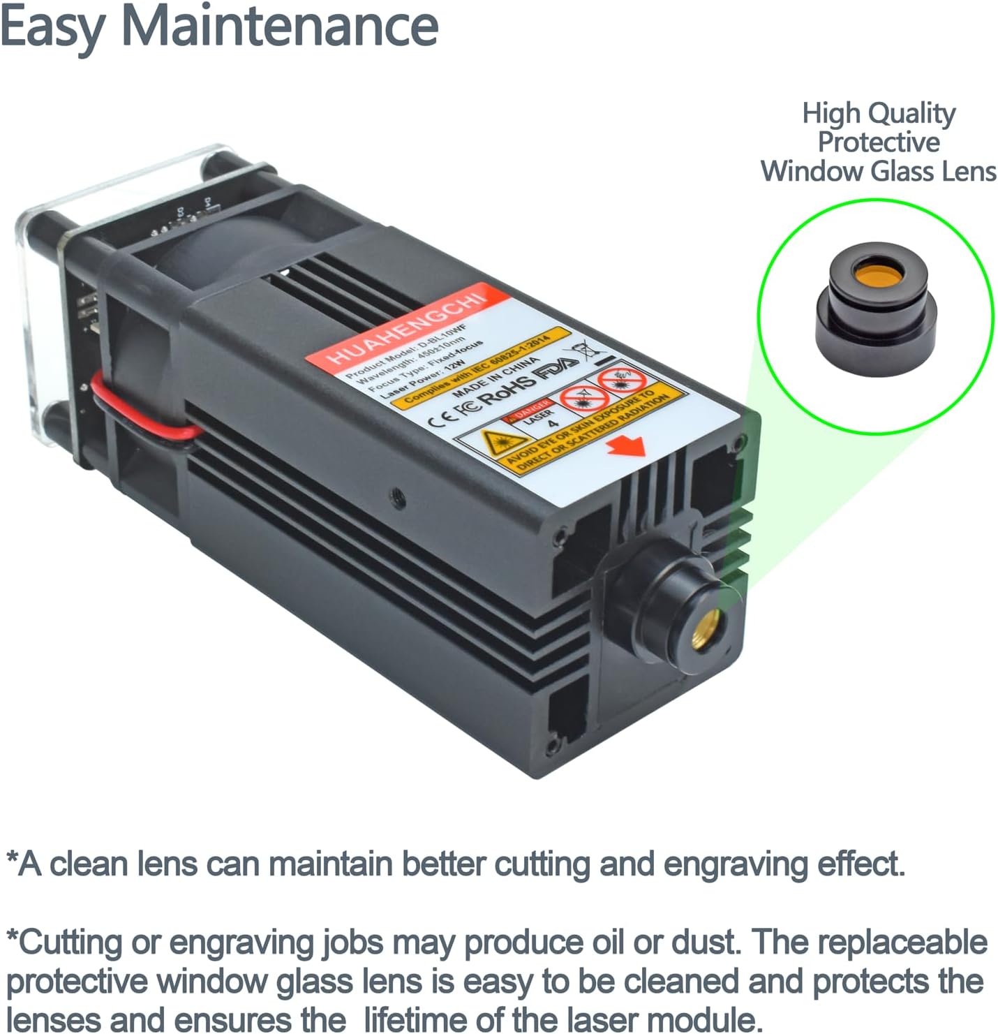 HUAHENGCHI Laser Engraver Module, 12000mW(12W) Optical Output Laser Cutter Module w/Air Assist Nozzle, Laser Module Head Compatible with CNC Laser Engraving Cutting Machines, Class 4, 12V