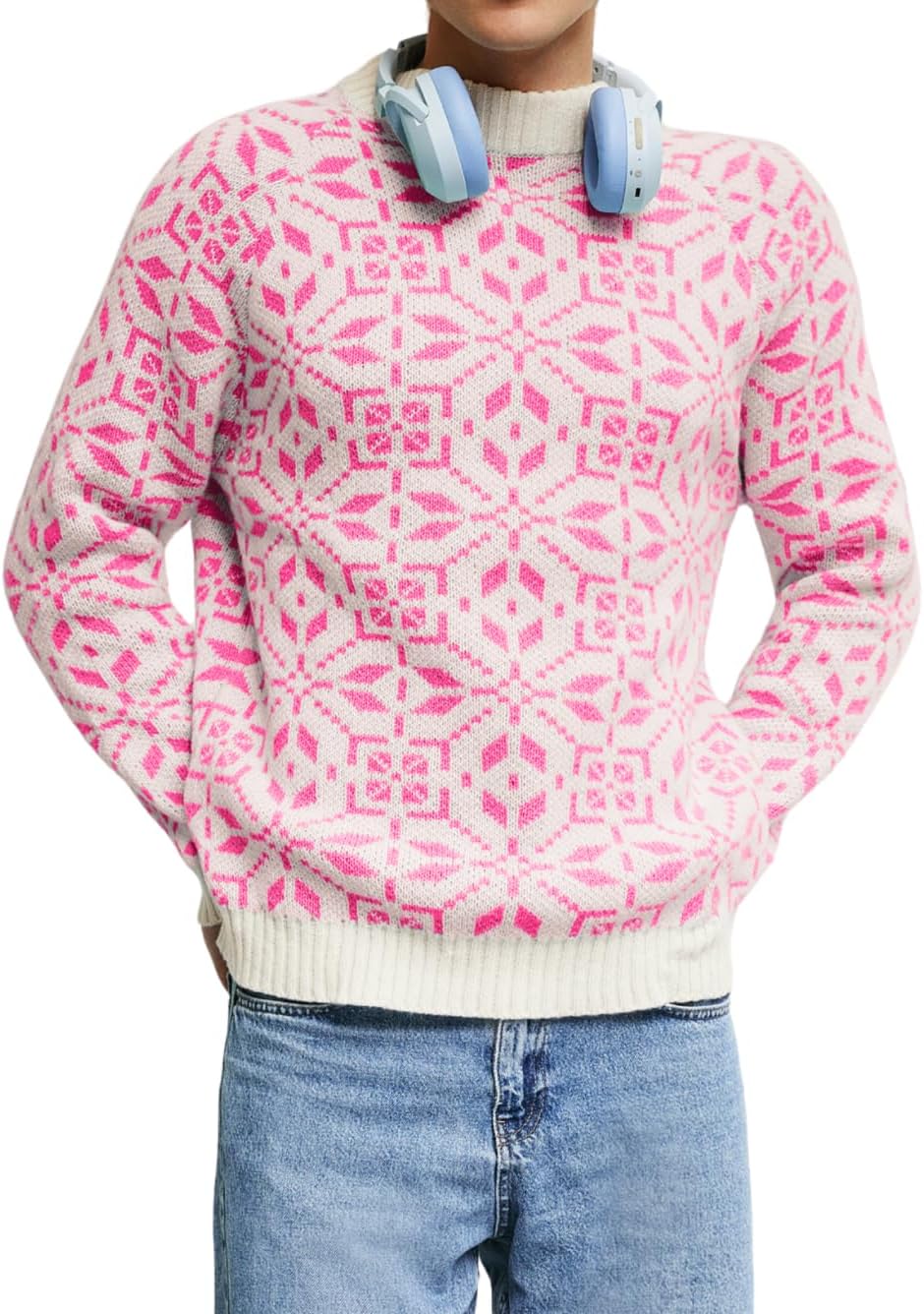 ChiaoLezhee Men's Nordic Snowflake Chunky Sweater, Mock Neck Knit Pullover for Winter & Holiday Season