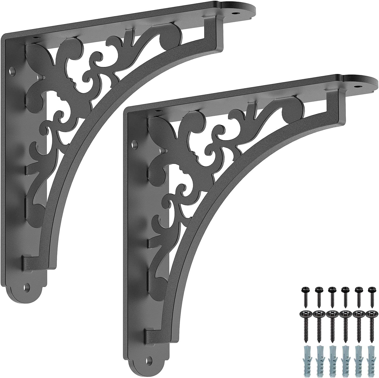 SELEWARE Black Heavy Duty Shelf Brackets, L 8" x H 8" x W 2" Wall Mount Decorative Shelving Brackets, 1/5" Thick Metal L Brackets with Mounting Hardware for DIY Floating Shelf (Classic B, 2 Pack)