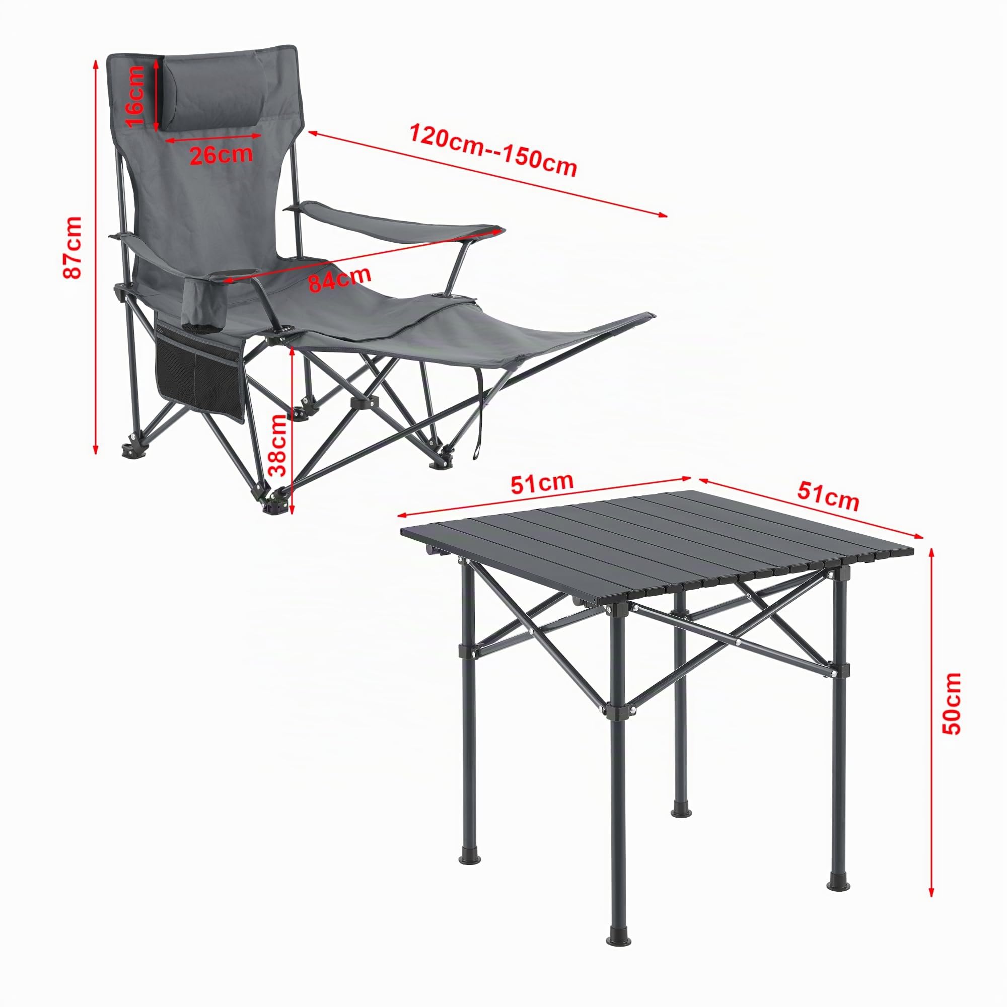 casa.pro Set de Table et 2 Chaises de Camping Pliantes d'Extérieur Siège Confortable avec Dossier Réglable Appuie-Tête Repose-Pieds Porte-Gobelet pour Festival Pêche Pique-Nique Plage Acier Gris