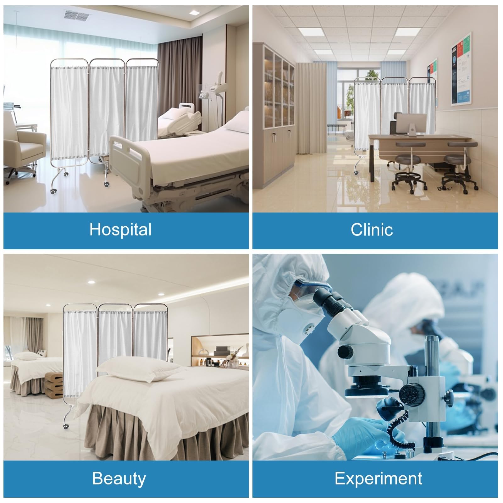 Paravento Medico Per La Privacy, Paravento Pieghevole Con Ruote, Divisorio Pieghevole Per Ambulatori, Ospedali E Case Di Cura, Struttura In Acciaio Inossidabile(Blue,4 Panels)